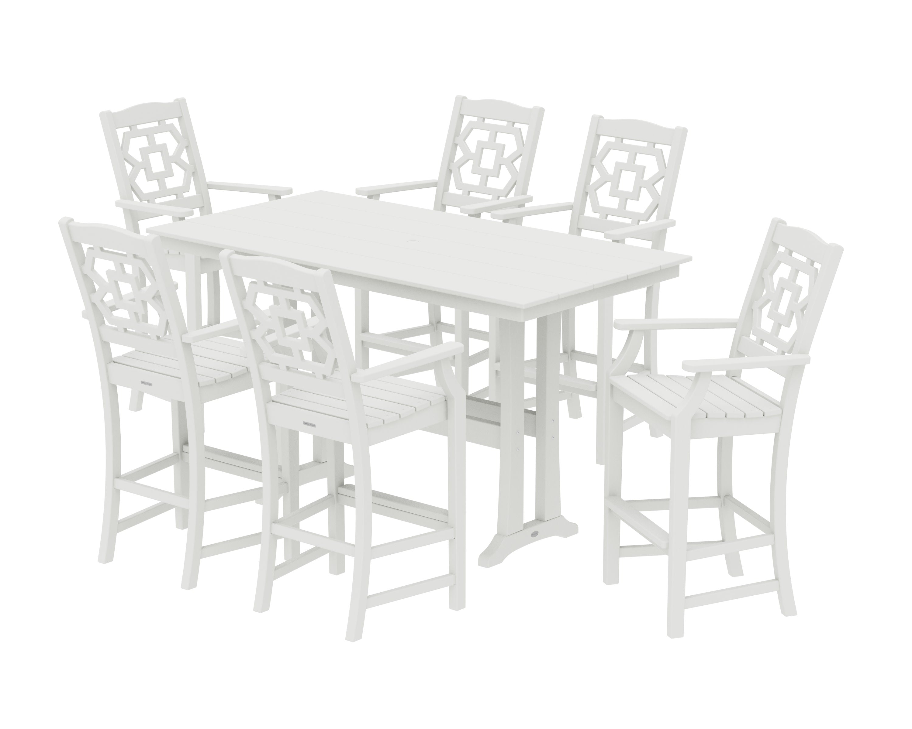 Chinoiserie Arm Chair 7-Piece Farmhouse Bar Set with Trestle Legs in Vintage White
