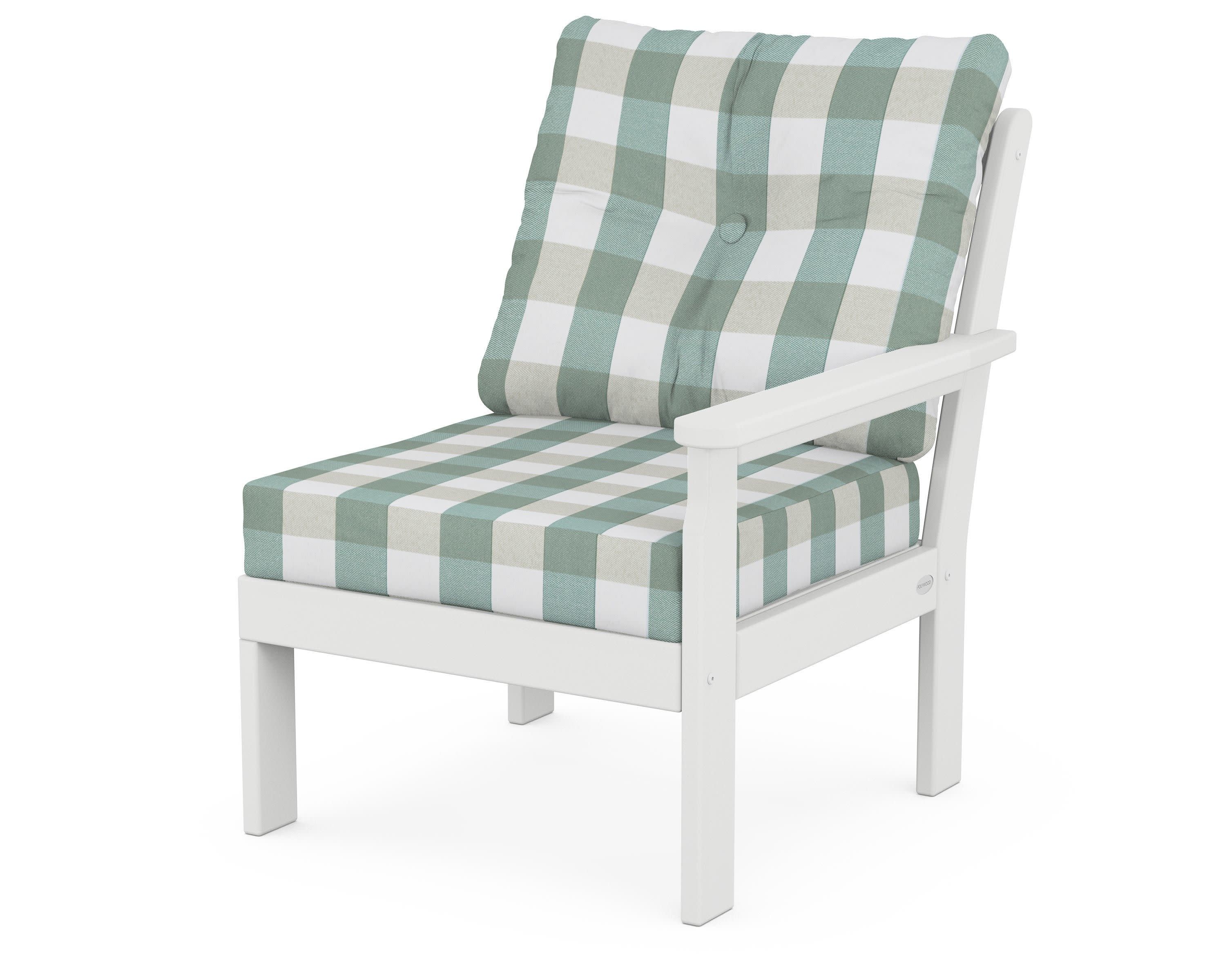 Vineyard Modular Right Arm Chair in White / Buffalo Plaid Glacier Spa