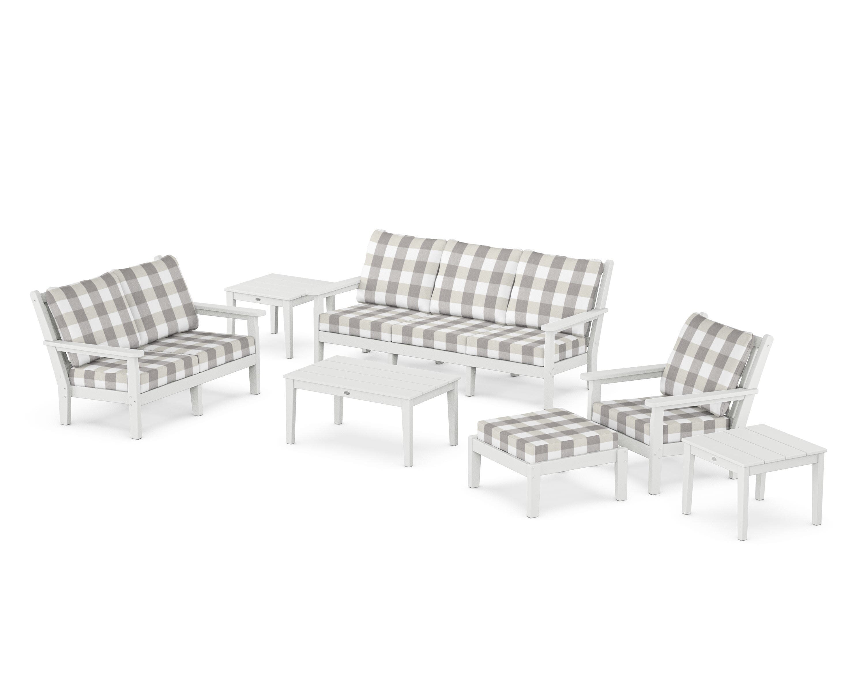 Chippendale 7-Piece Deep Seating Set in White / Buffalo Plaid Grey Mist