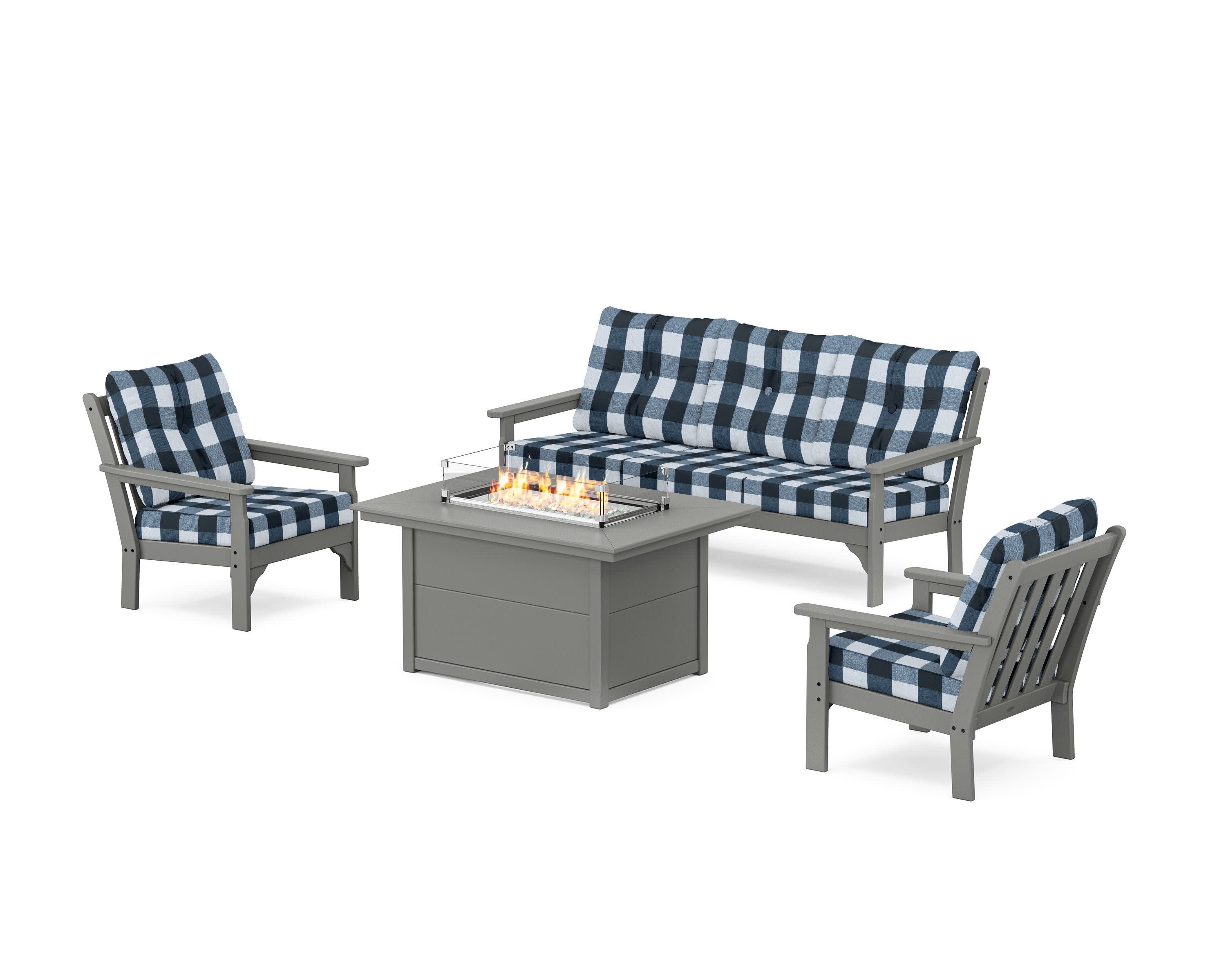 Vineyard Deep Seating Fire Pit Table Set in Slate Grey / Buffalo Plaid Marine Indigo