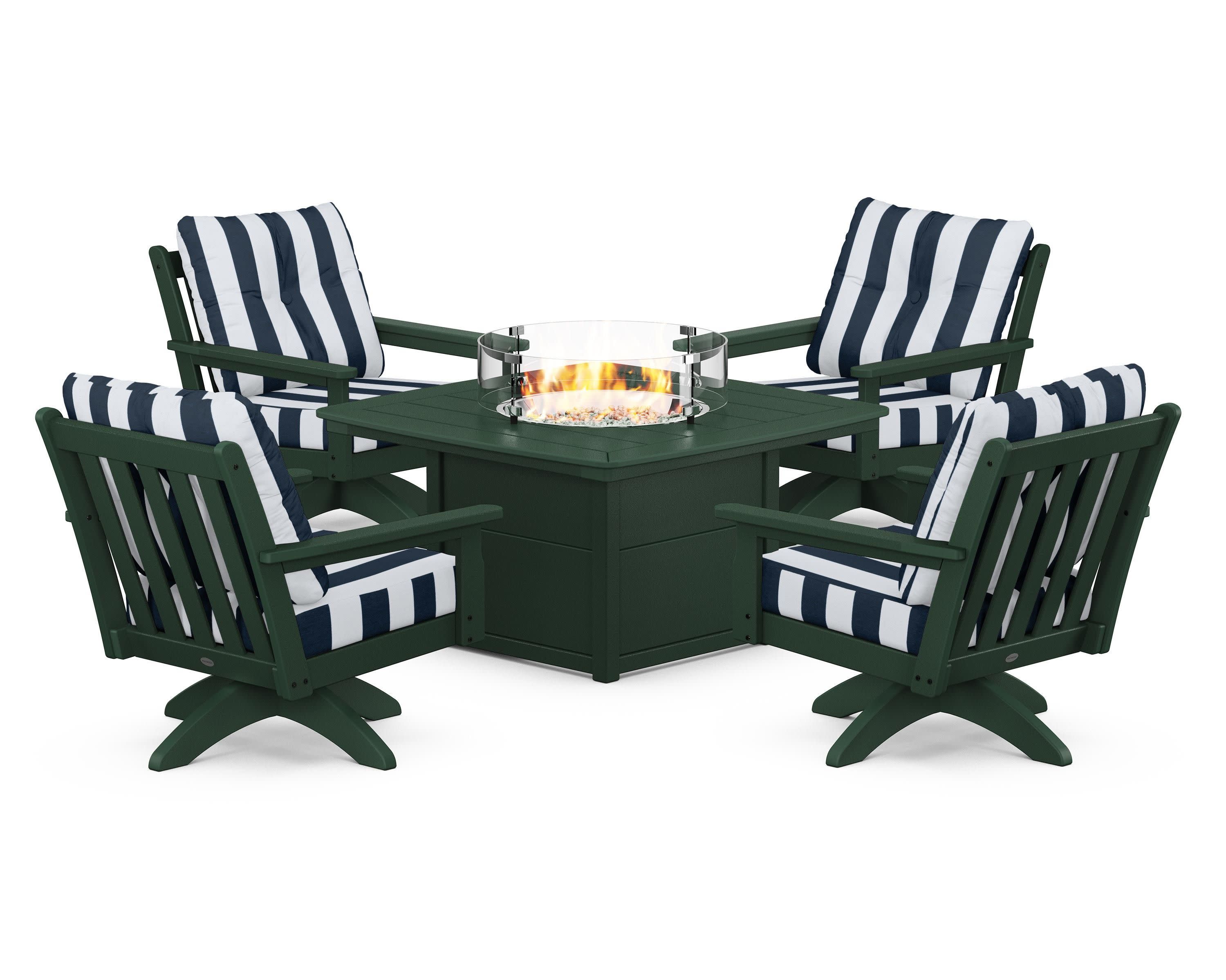 Vineyard 5-Piece Deep Seating Swivel Conversation Set with Fire Pit Table in Green / Cabana Stripe Marine Indigo