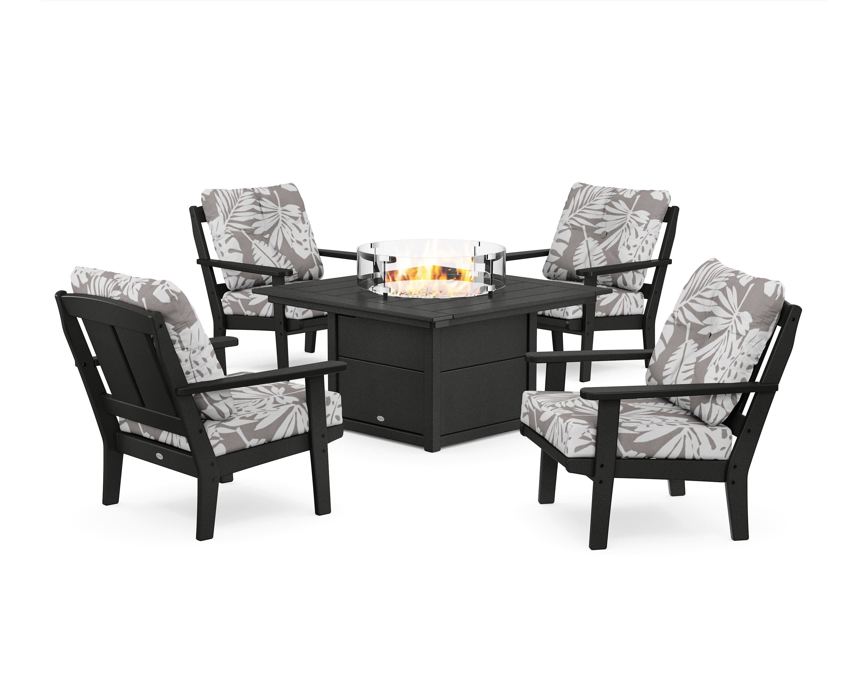 Mission 5-Piece Deep Seating Set with Fire Pit Table in Black / Leaf Grey Mist