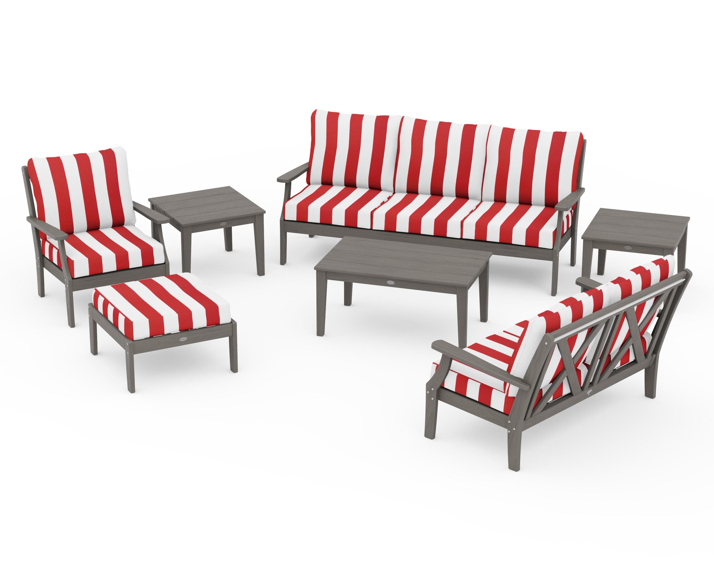 Braxton 7-Piece Deep Seating Set in Driftwood / Cabana Stripe Crimson