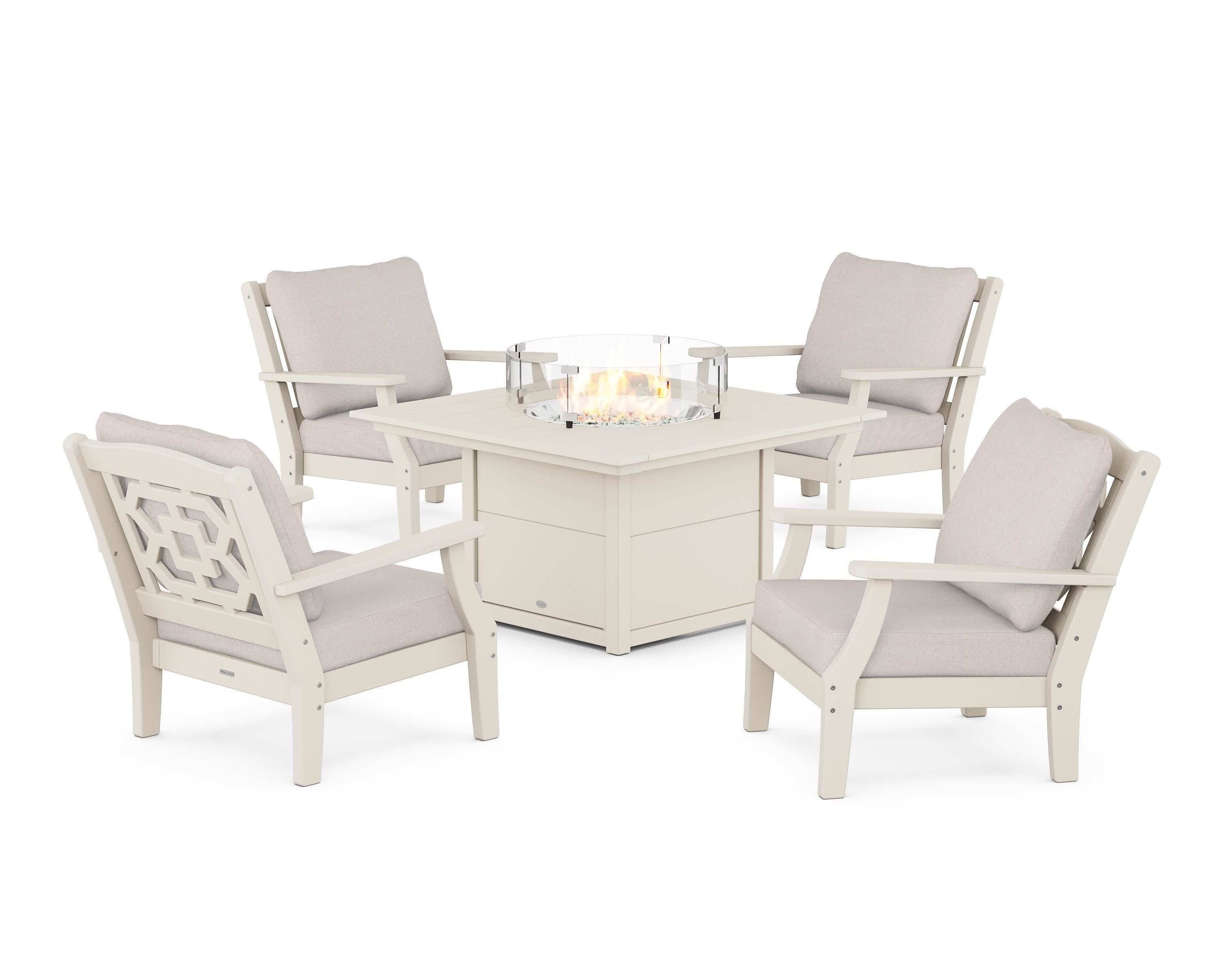 Chinoiserie 5-Piece Deep Seating Set with Fire Pit Table in Sand / Dune Burlap