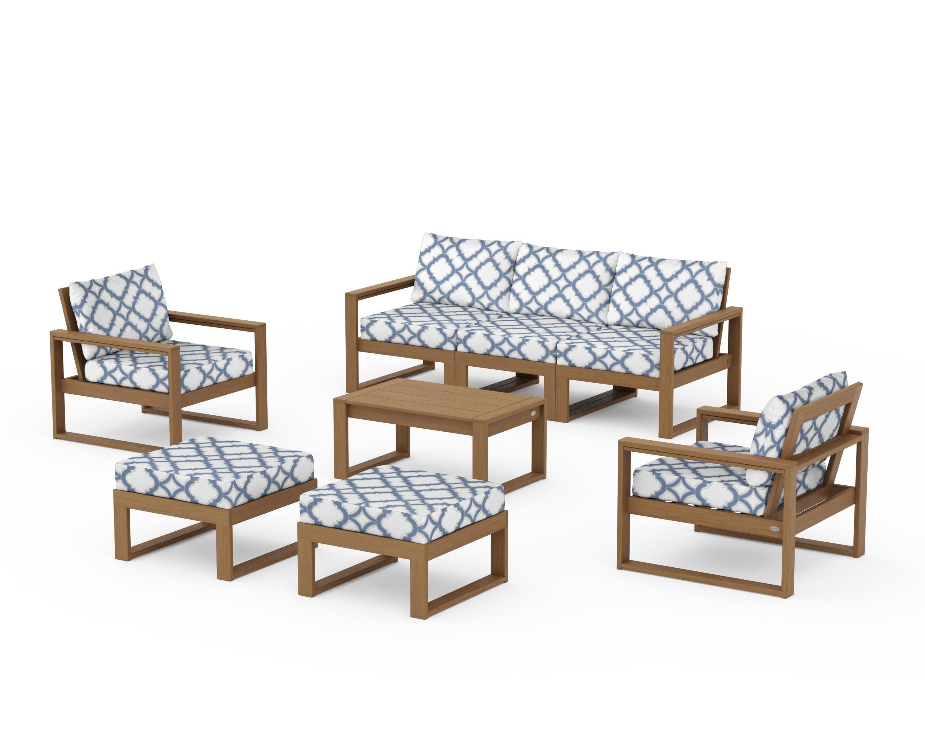 EDGE Sectional 8-Piece Lounge Sofa Set in Natural / Trellis Sky Blue