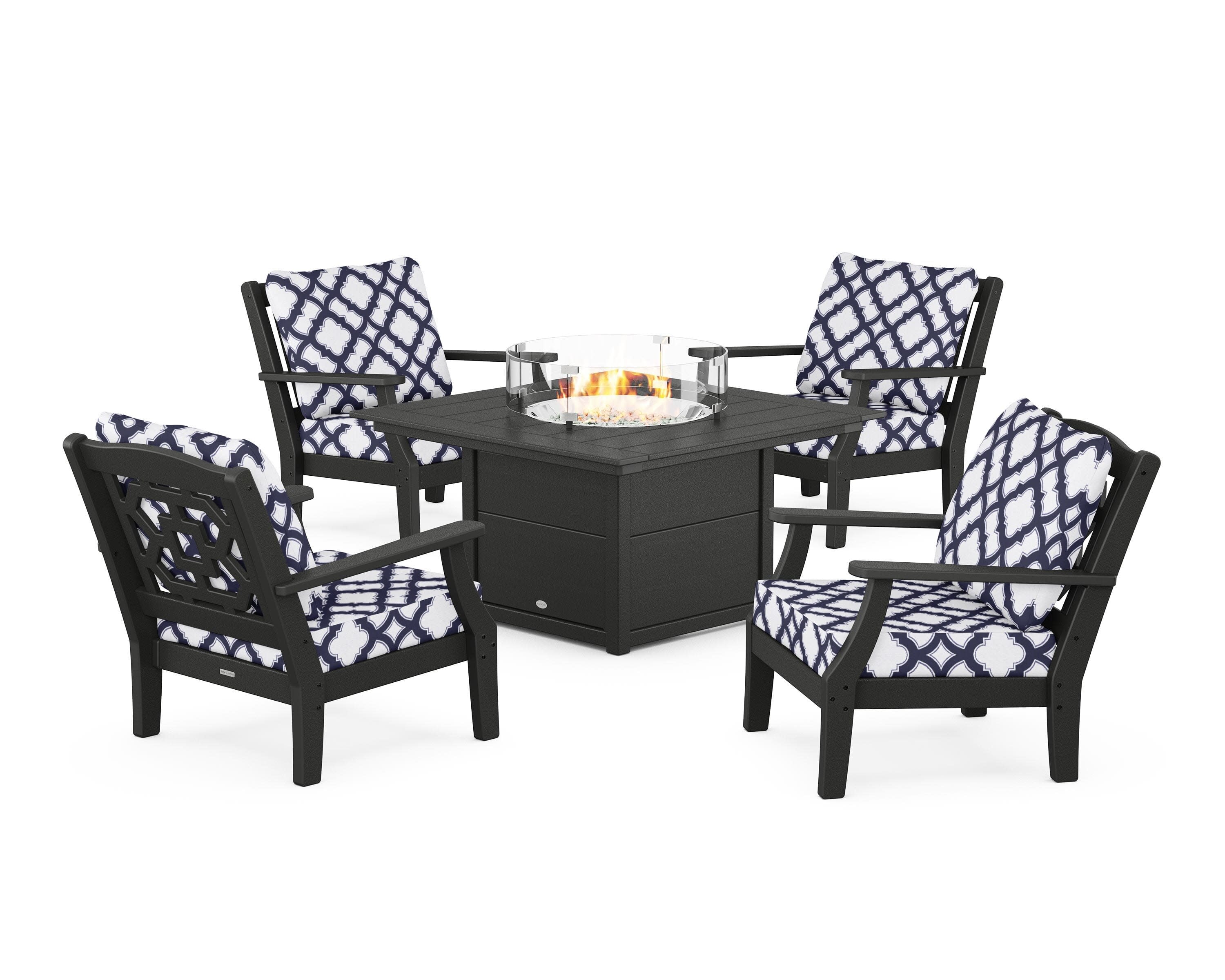 Chinoiserie 5-Piece Deep Seating Set with Fire Pit Table in Black / Trellis Navy