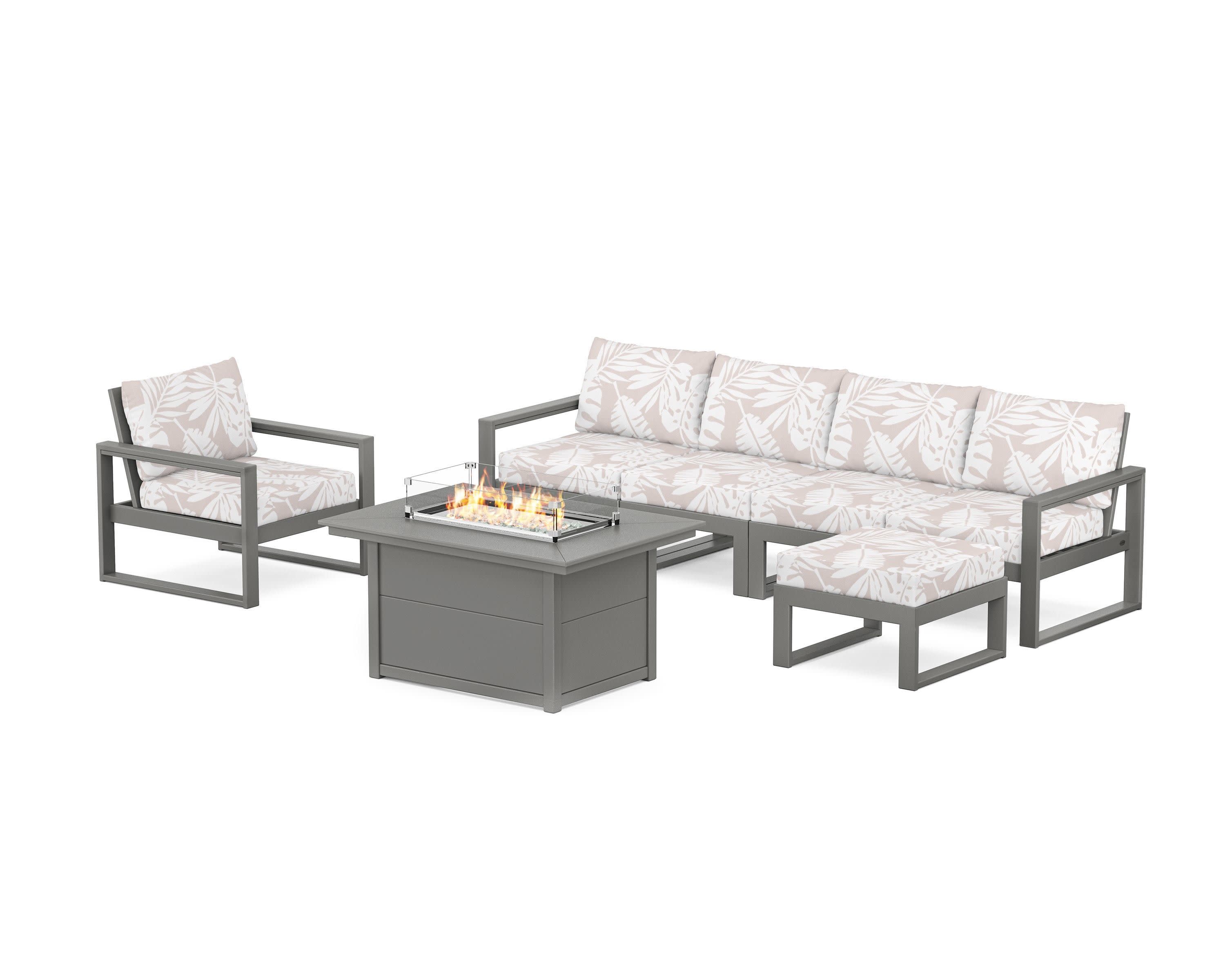 EDGE Sectional Lounge and Fire Pit Set in Slate Grey / Leaf Dune Burlap