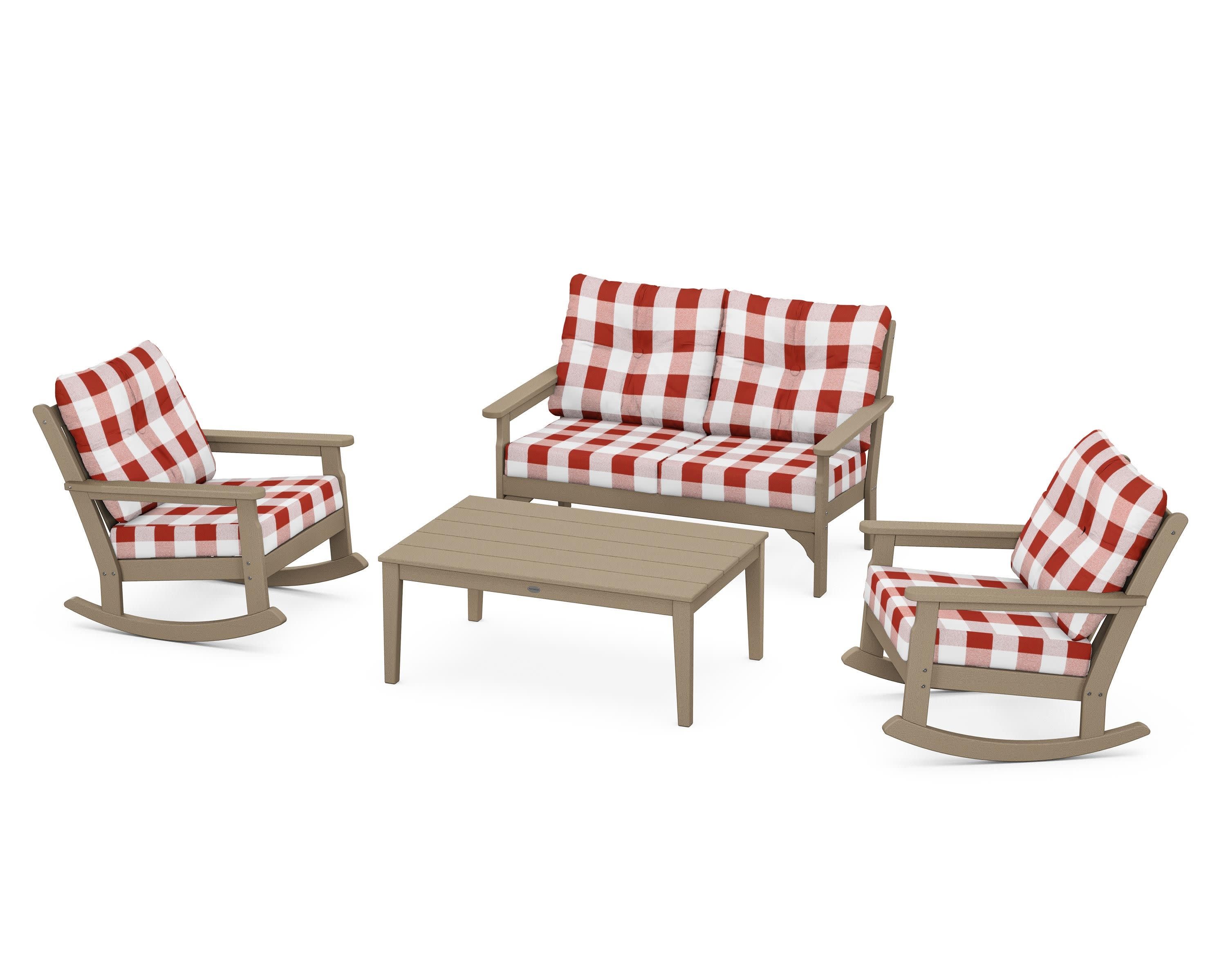 Vineyard 4-Piece Deep Seating Rocking Chair Set in Vintage Sahara / Buffalo Plaid Crimson
