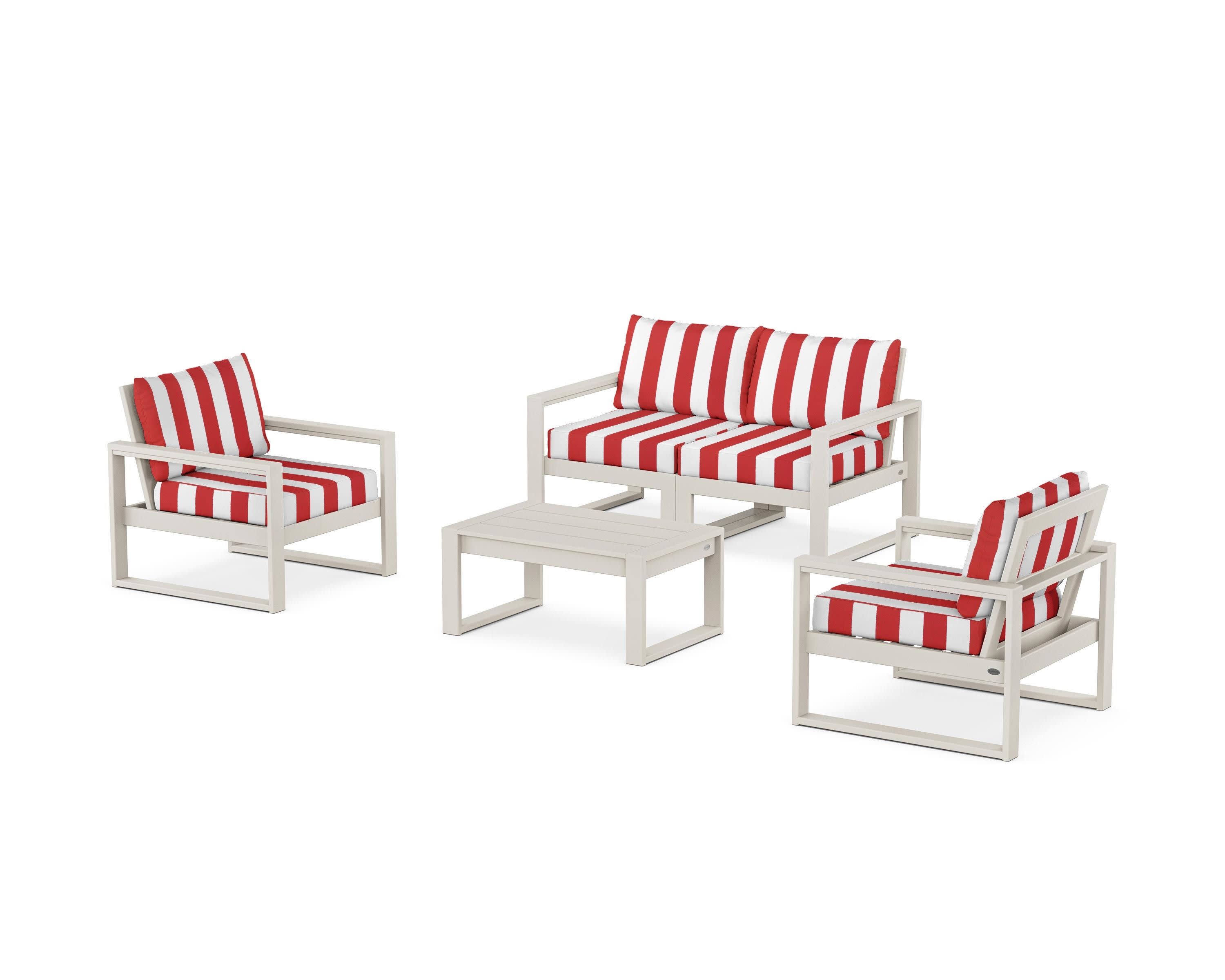 EDGE Sectional 4-Piece Deep Seating Set with Loveseat in Sand / Cabana Stripe Crimson