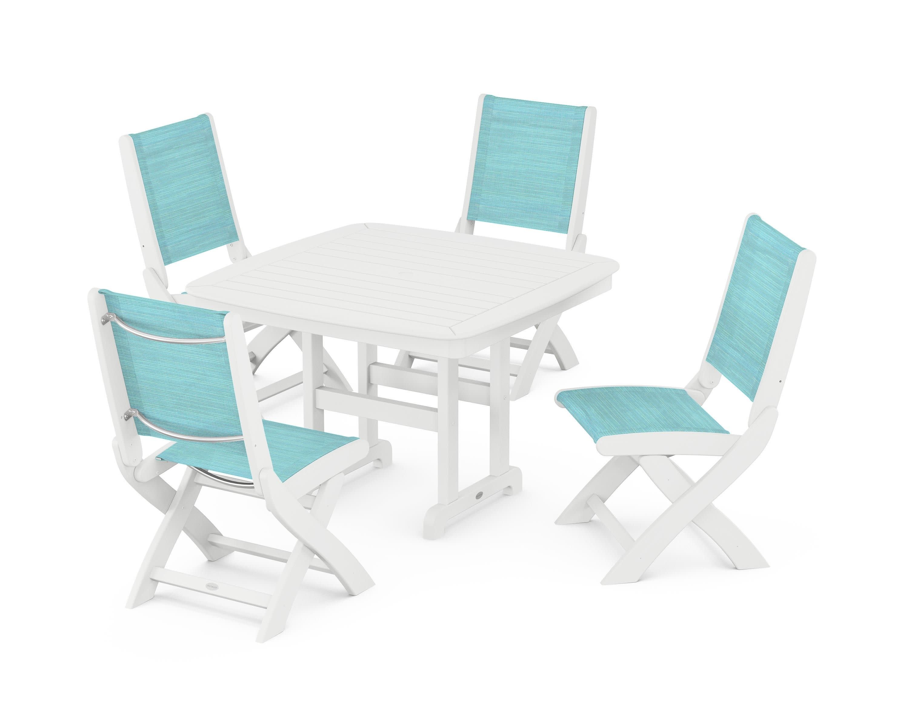 Coastal Folding Side Chair 5-Piece Dining Set in White / Dupioni Aquamarine Sling