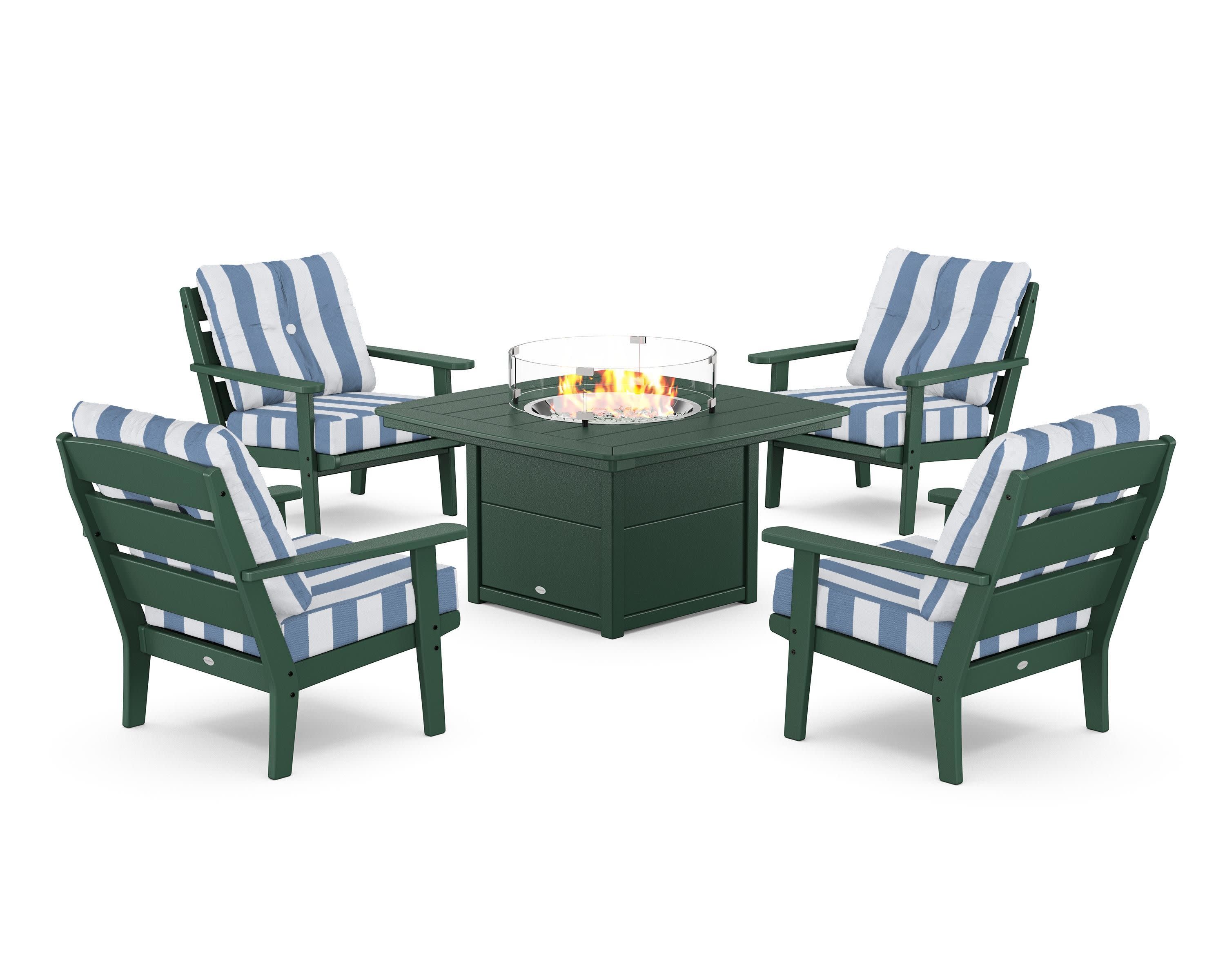 Lakeside 5-Piece Deep Seating Set with Nautical Fire Pit Table in Green / Cabana Stripe Sky Blue