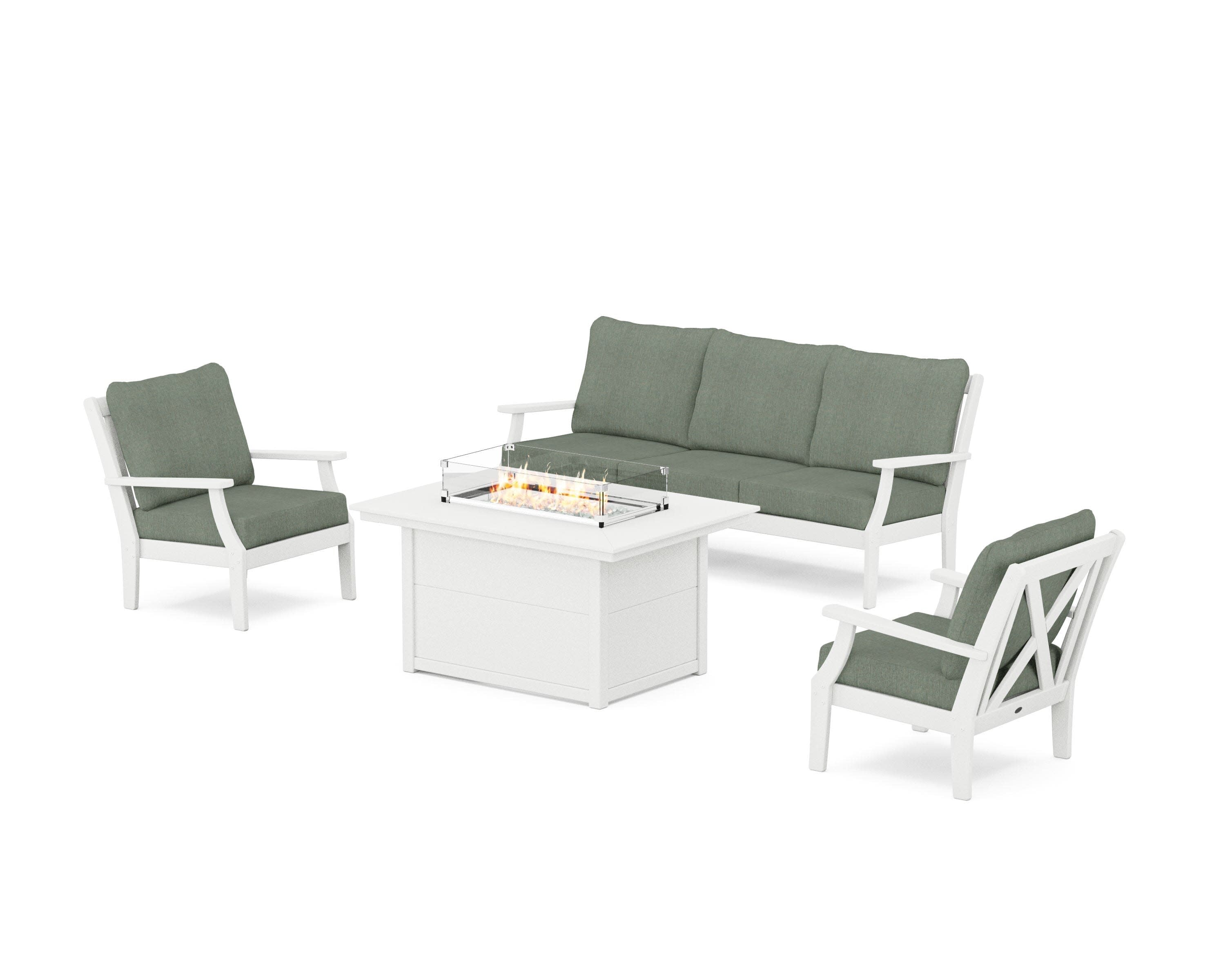 Braxton Deep Seating Fire Pit Table Set in Vintage White / Cast Sage