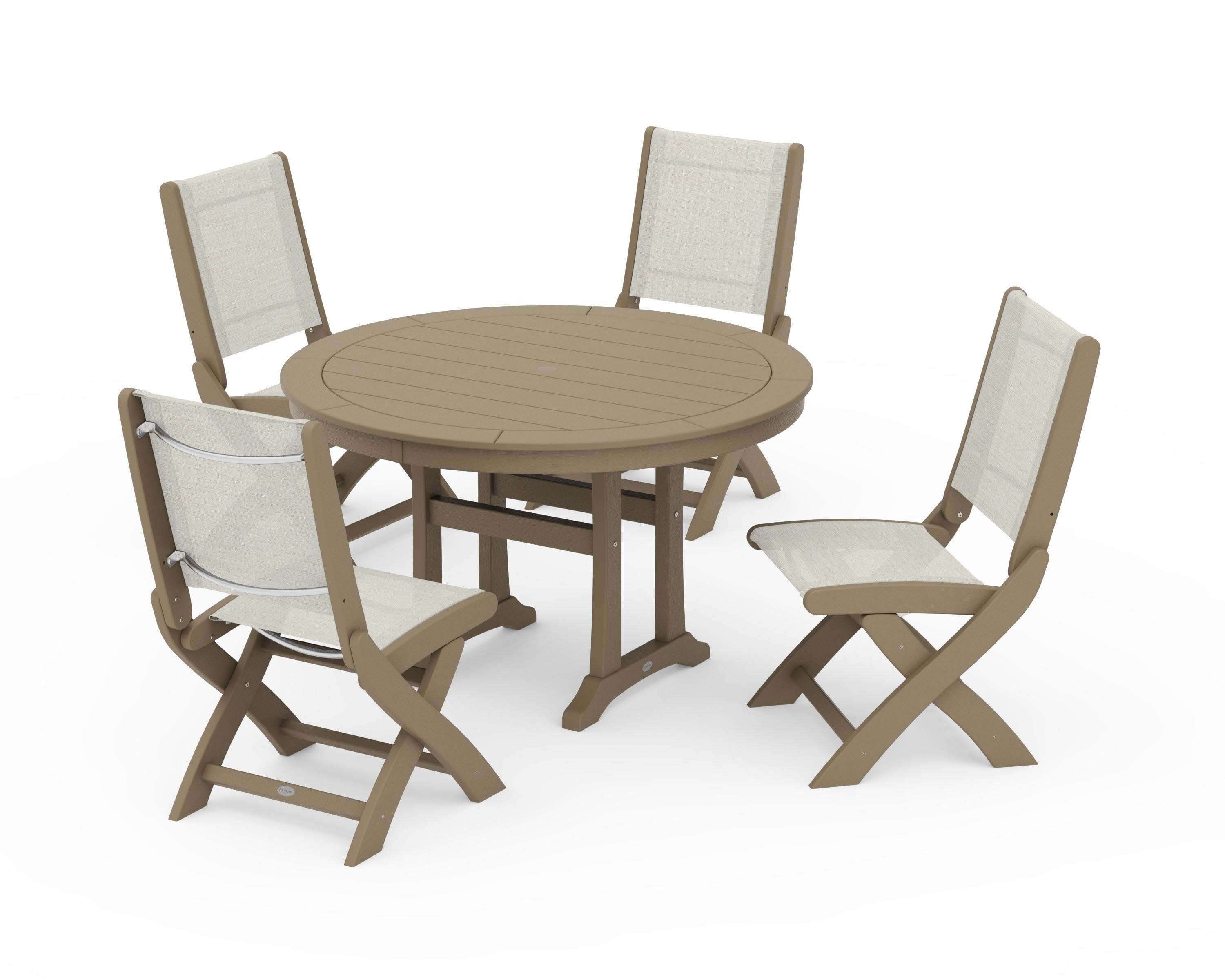 Coastal Folding Side Chair 5-Piece Round Dining Set With Trestle Legs in Vintage Sahara / Parchment Sling