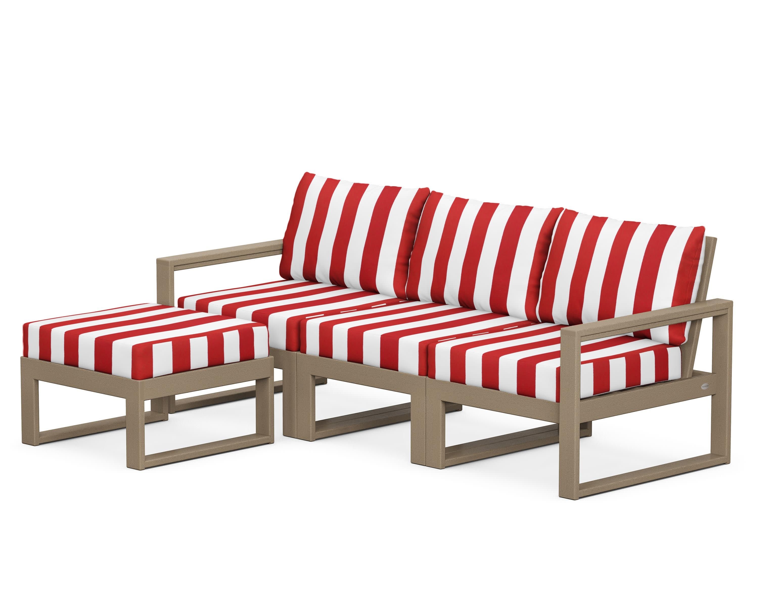 EDGE 4-Piece Modular Deep Seating Set with Ottoman in Vintage Sahara / Cabana Stripe Crimson