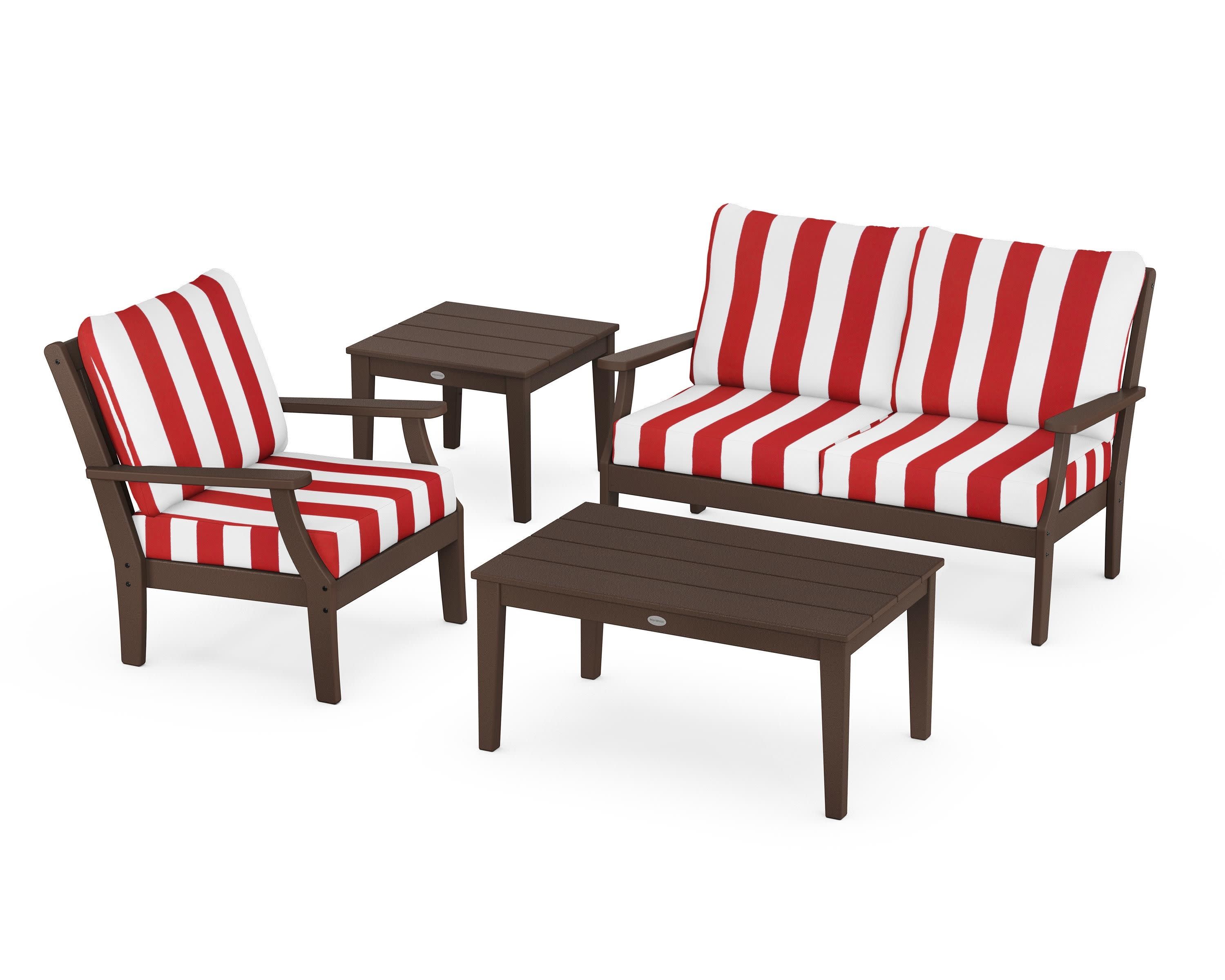 Braxton 4-Piece Deep Seating Set in Mahogany / Cabana Stripe Crimson