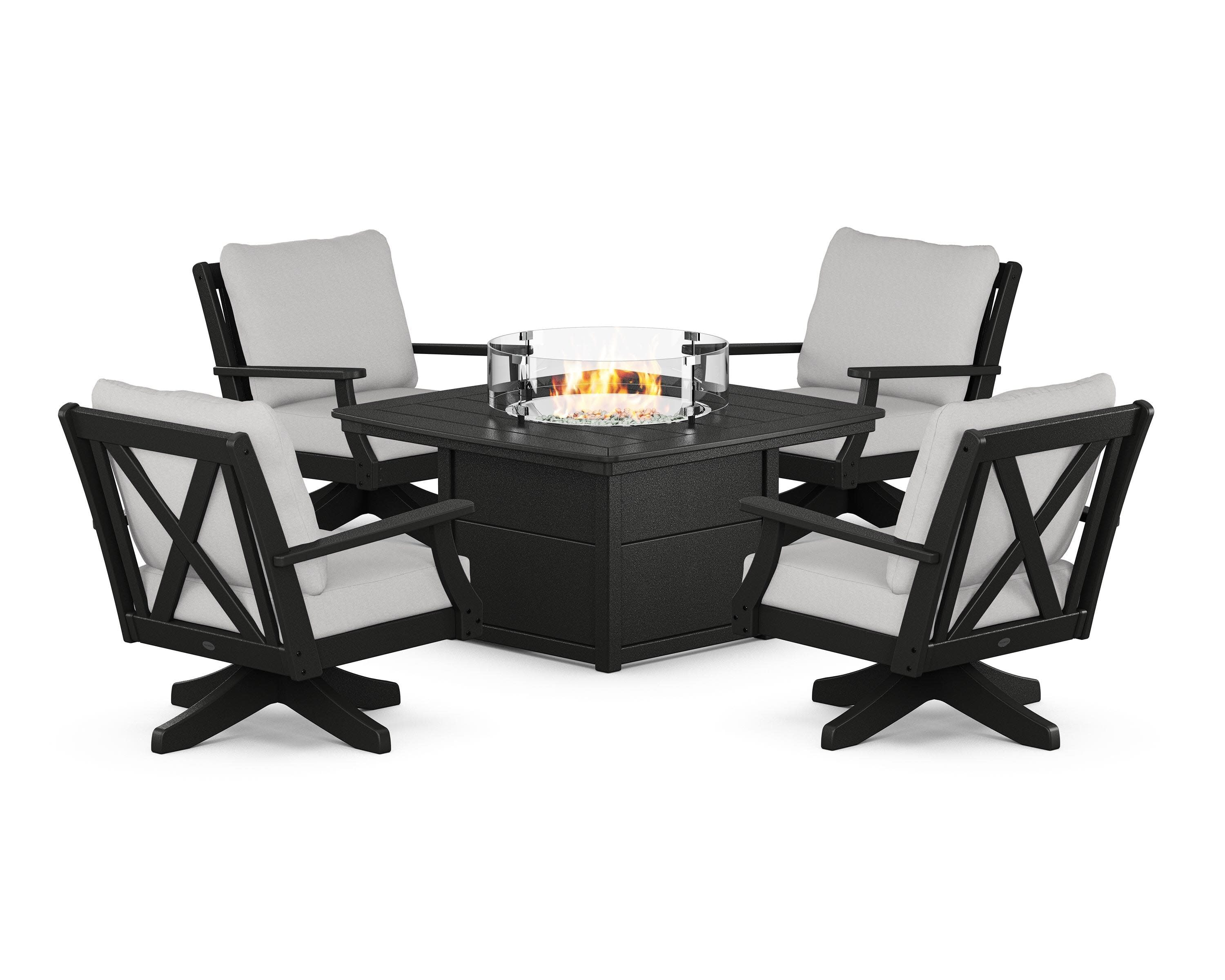 Braxton 5-Piece Deep Seating Swivel Conversation Set with Fire Pit Table in Black / Diamond in the Rough