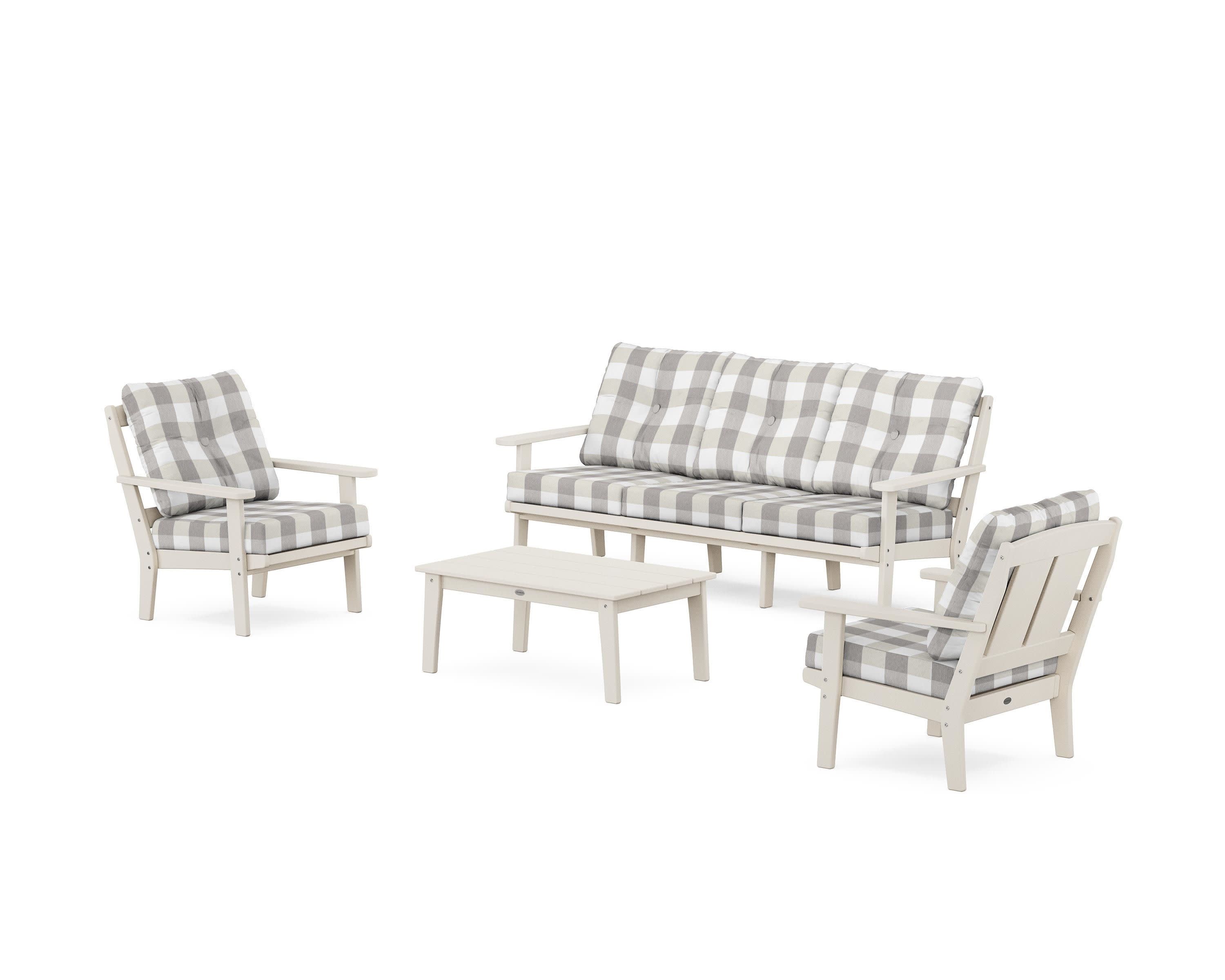 Mission 4-Piece Deep Seating Set with Sofa in Sand / Buffalo Plaid Grey Mist