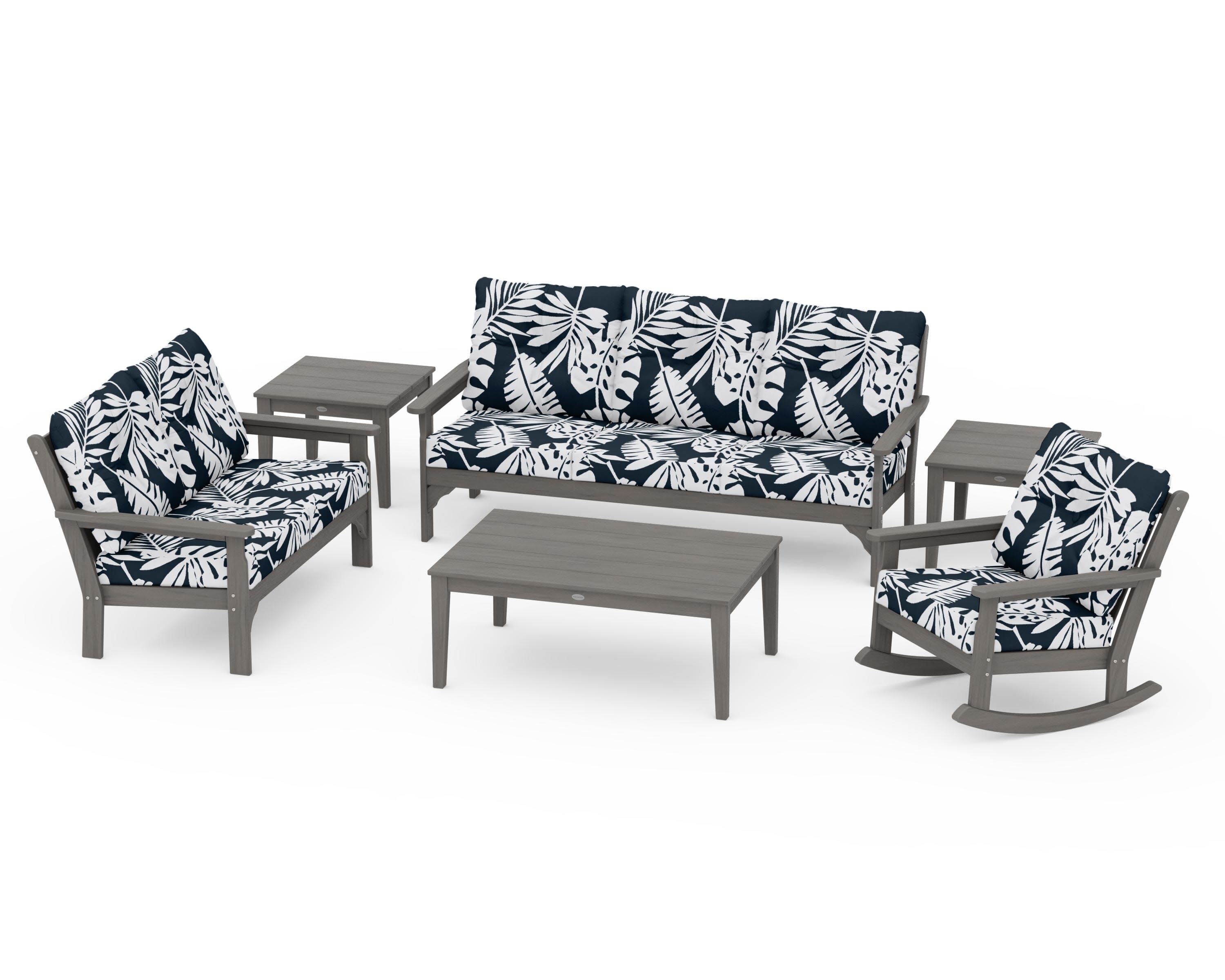 Vineyard 6-Piece Deep Seating Set in Driftwood / Leaf Marine Indigo