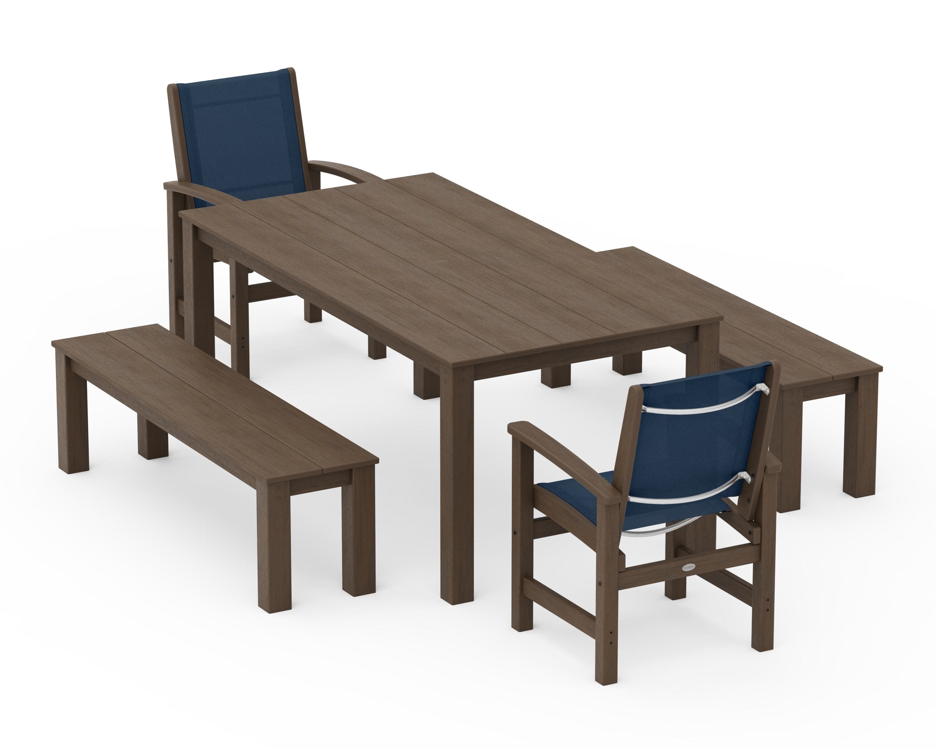 Coastal 5-Piece Parsons Dining Set with Benches in Kona / Navy Blue Sling