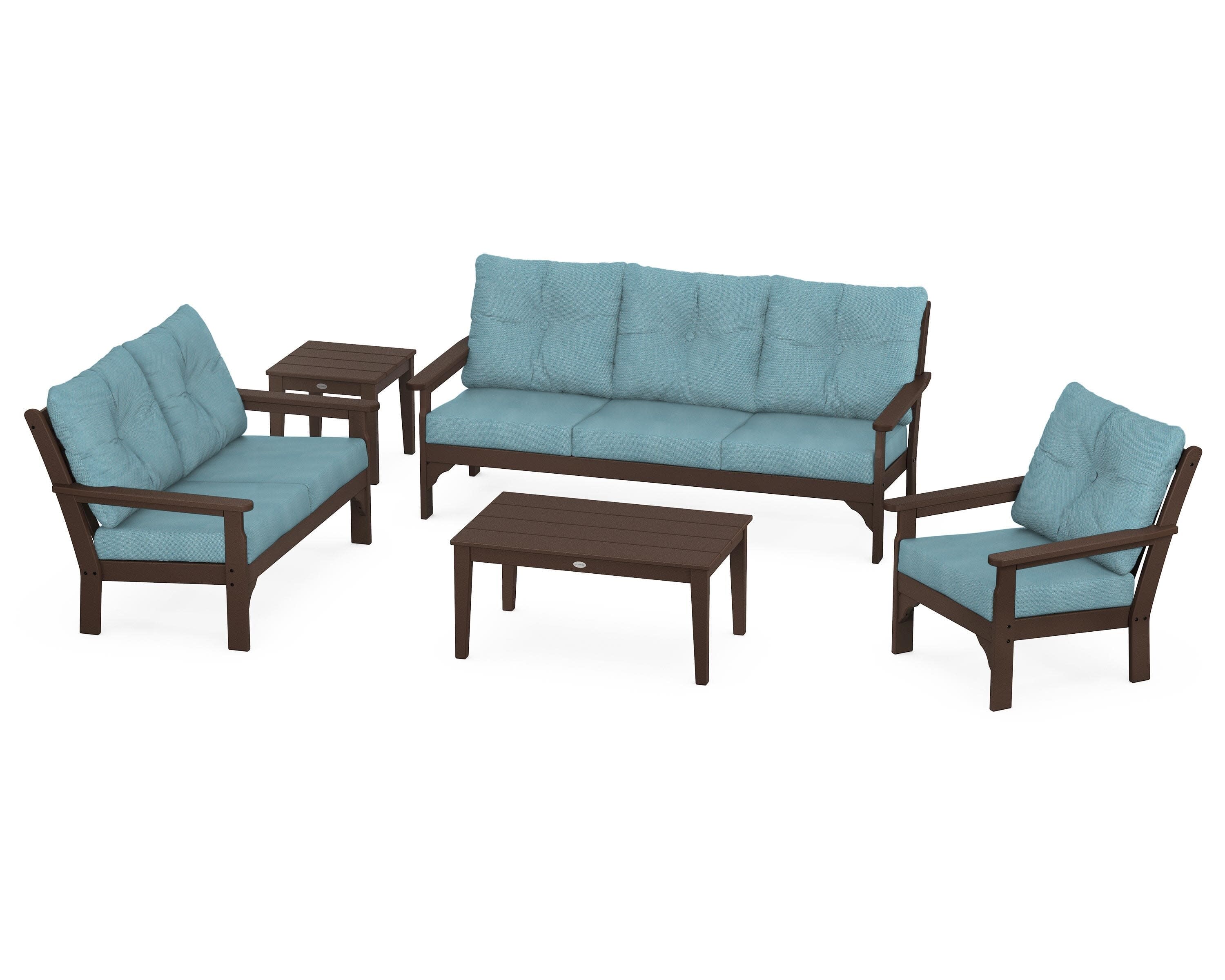Vineyard 5 Piece Deep Seating Set in Mahogany / Lattice Sky Blue