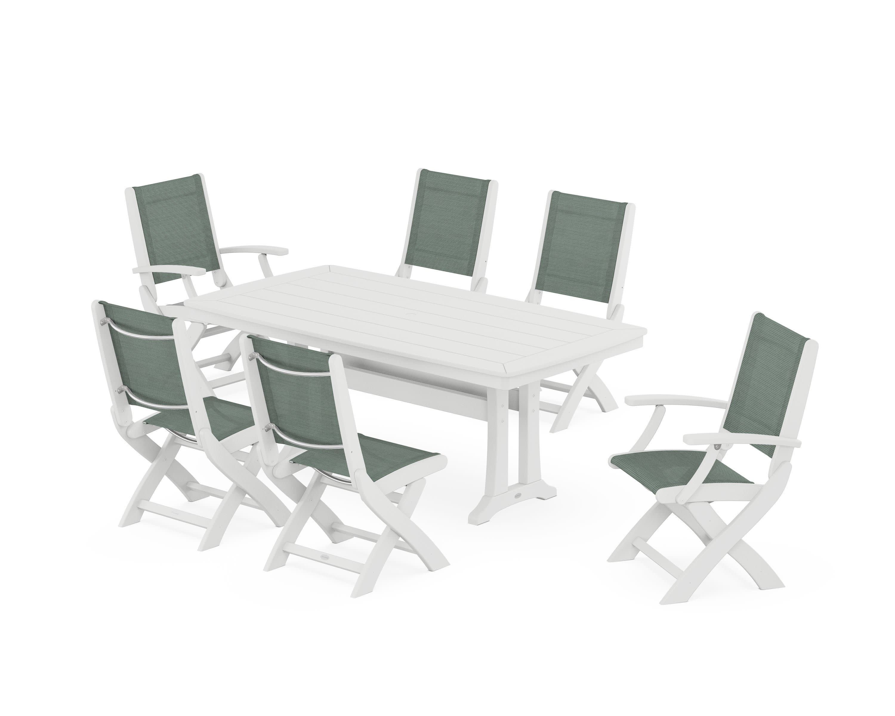 Coastal Folding Chair 7-Piece Dining Set with Trestle Legs in White / Dupioni Sea Mist Sling