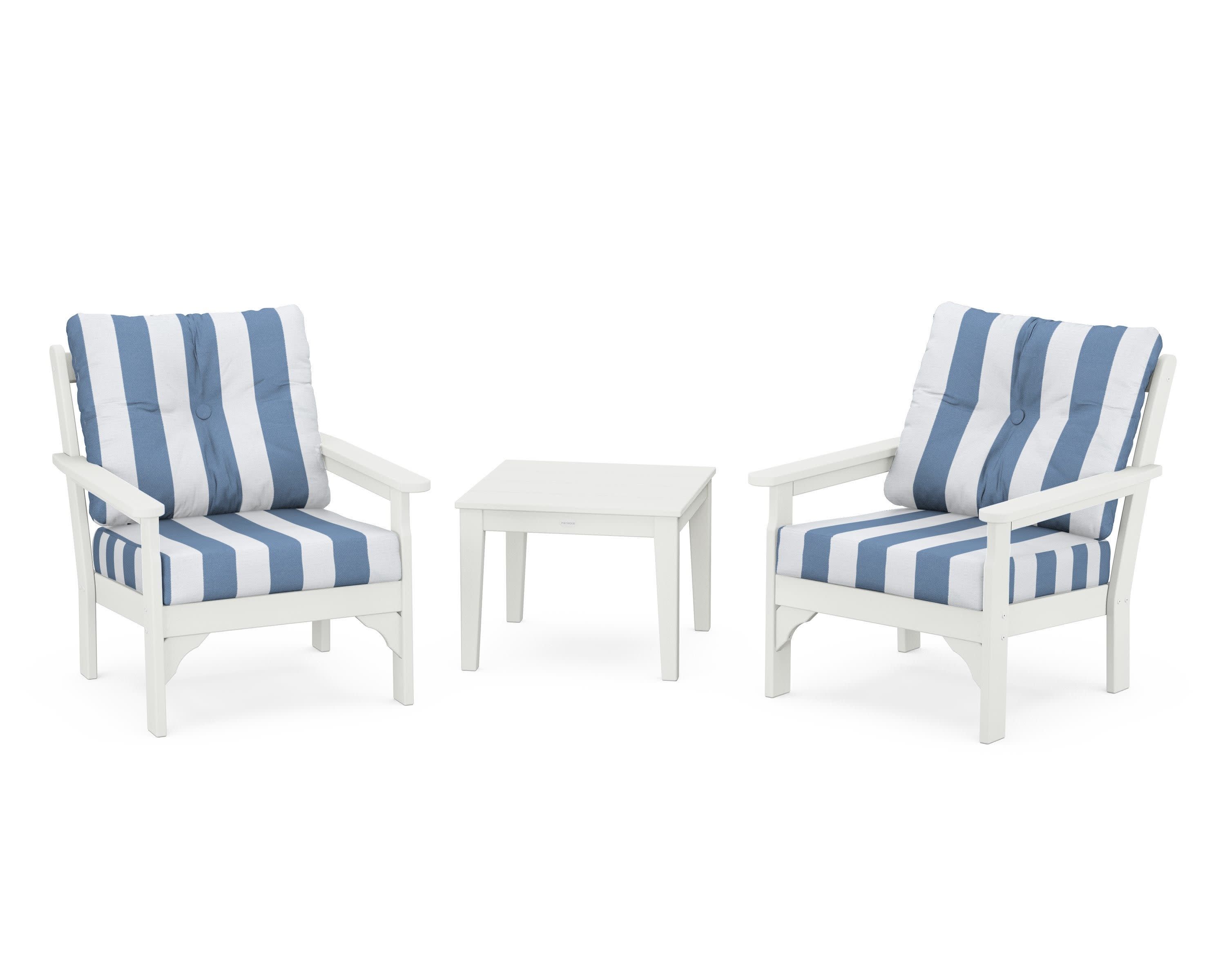 Vineyard 3-Piece Deep Seating Set in Vintage White / Cabana Stripe Sky Blue