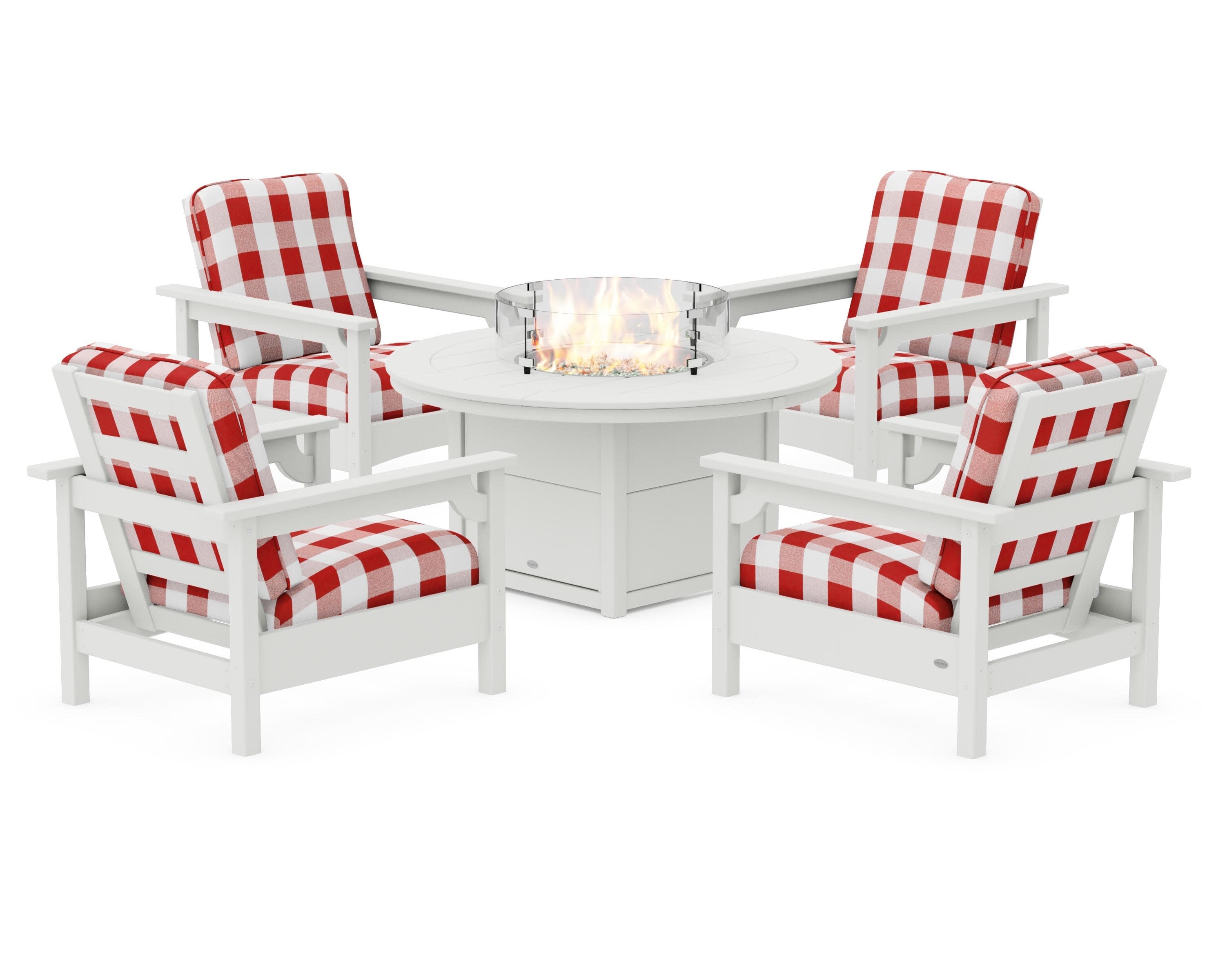 Club 5-Piece Conversation Set with Fire Pit Table in Vintage White / Buffalo Plaid Crimson