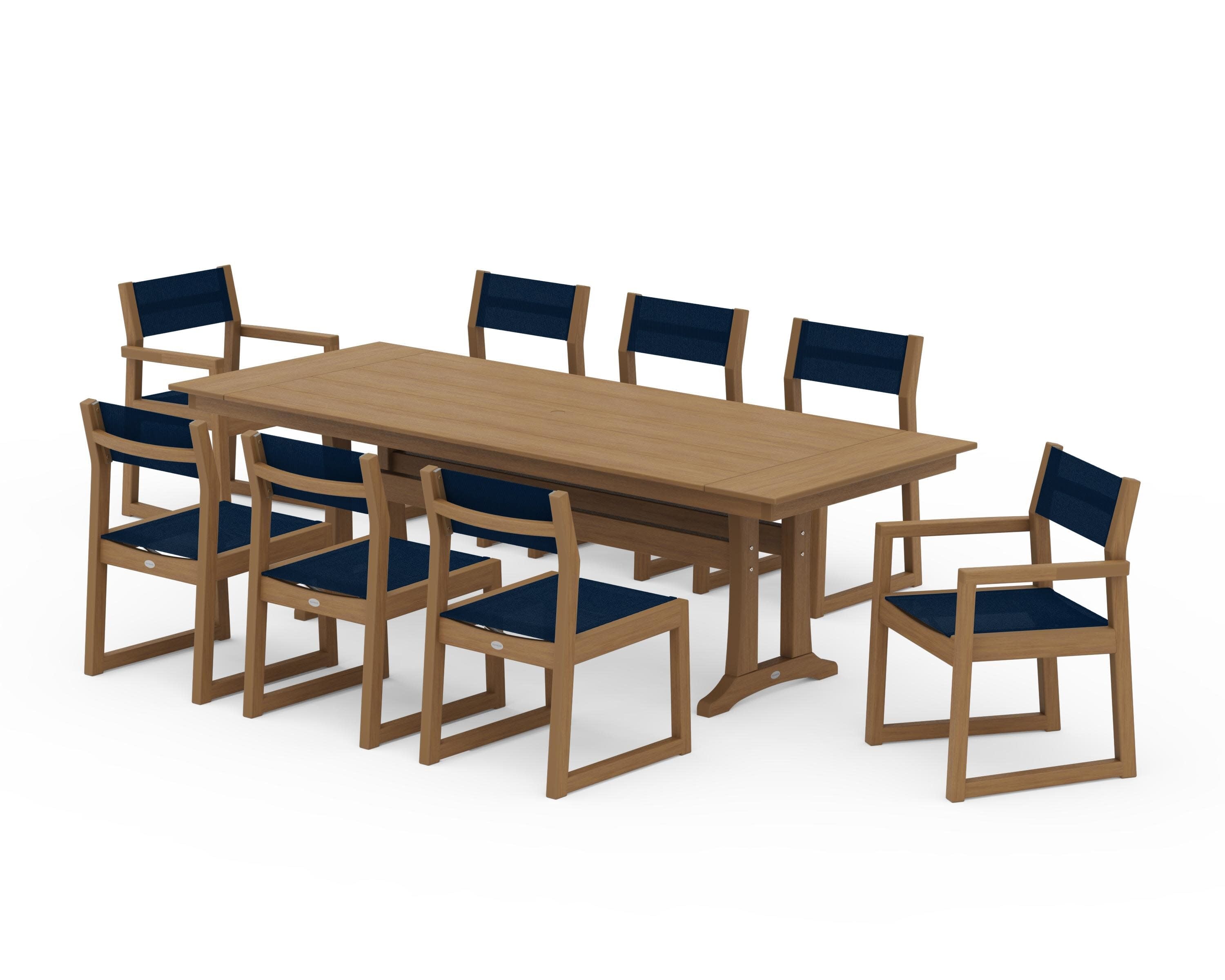 EDGE Sling 9-Piece Farmhouse Trestle Dining Set in Natural / Navy Blue Sling