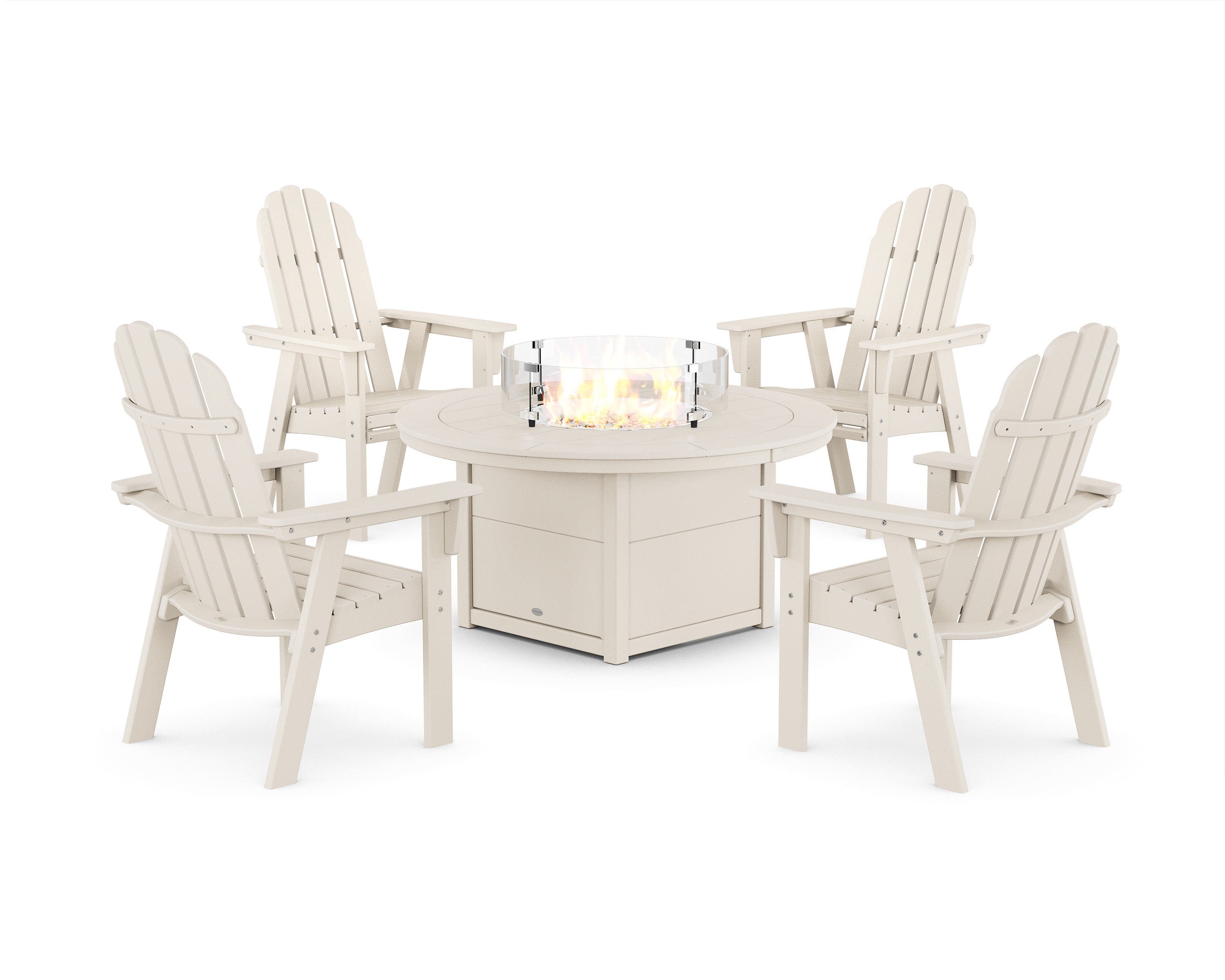 Vineyard 4-Piece Curveback Upright Adirondack Conversation Set with Fire Pit Table in Sand