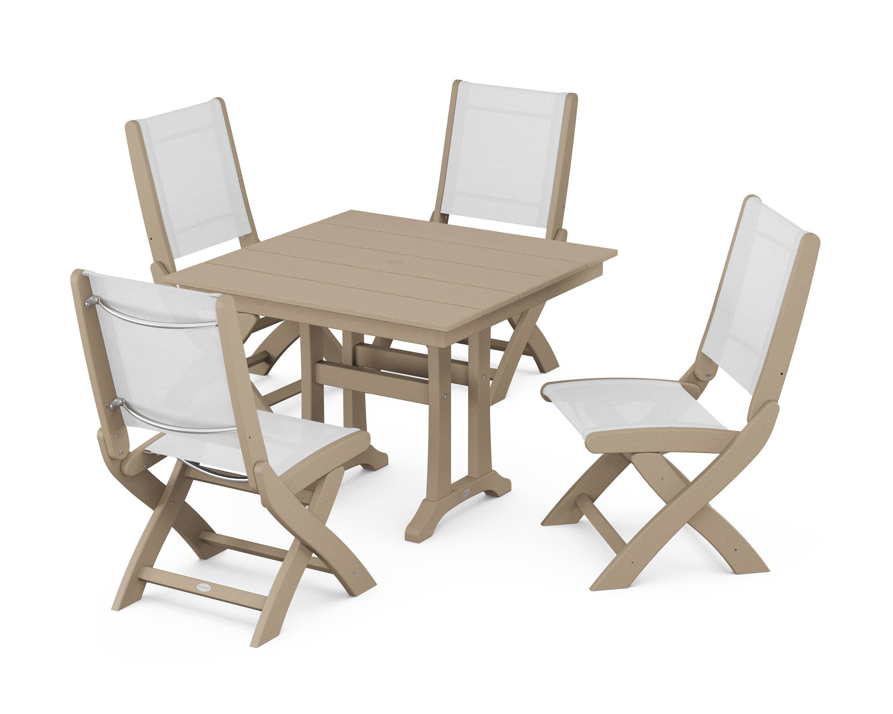 Coastal Folding Side Chair 5-Piece Farmhouse Dining Set With Trestle Legs in Vintage Sahara / White Sling