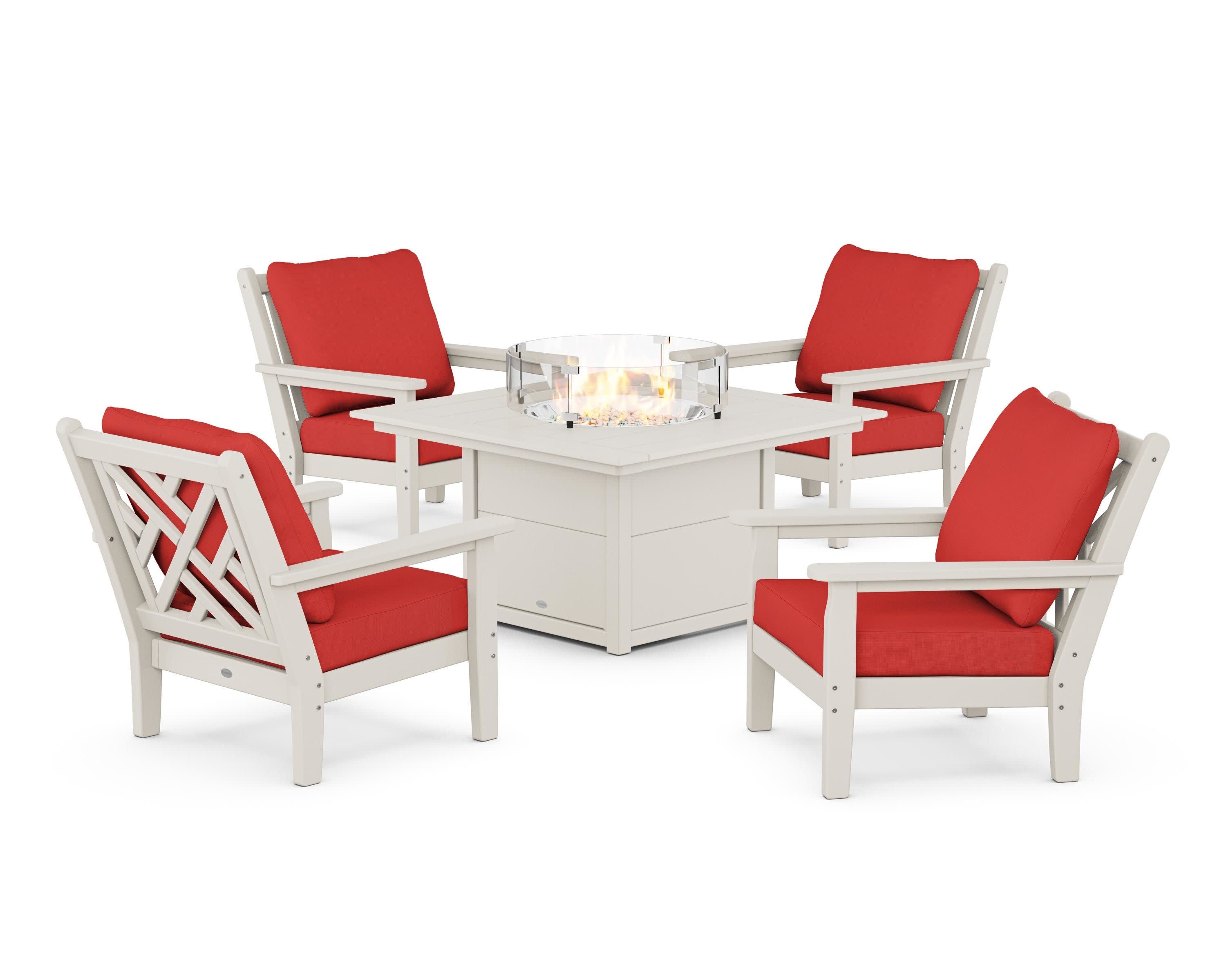Chippendale 5-Piece Deep Seating Set with Fire Pit Table in Sand / Crimson Linen