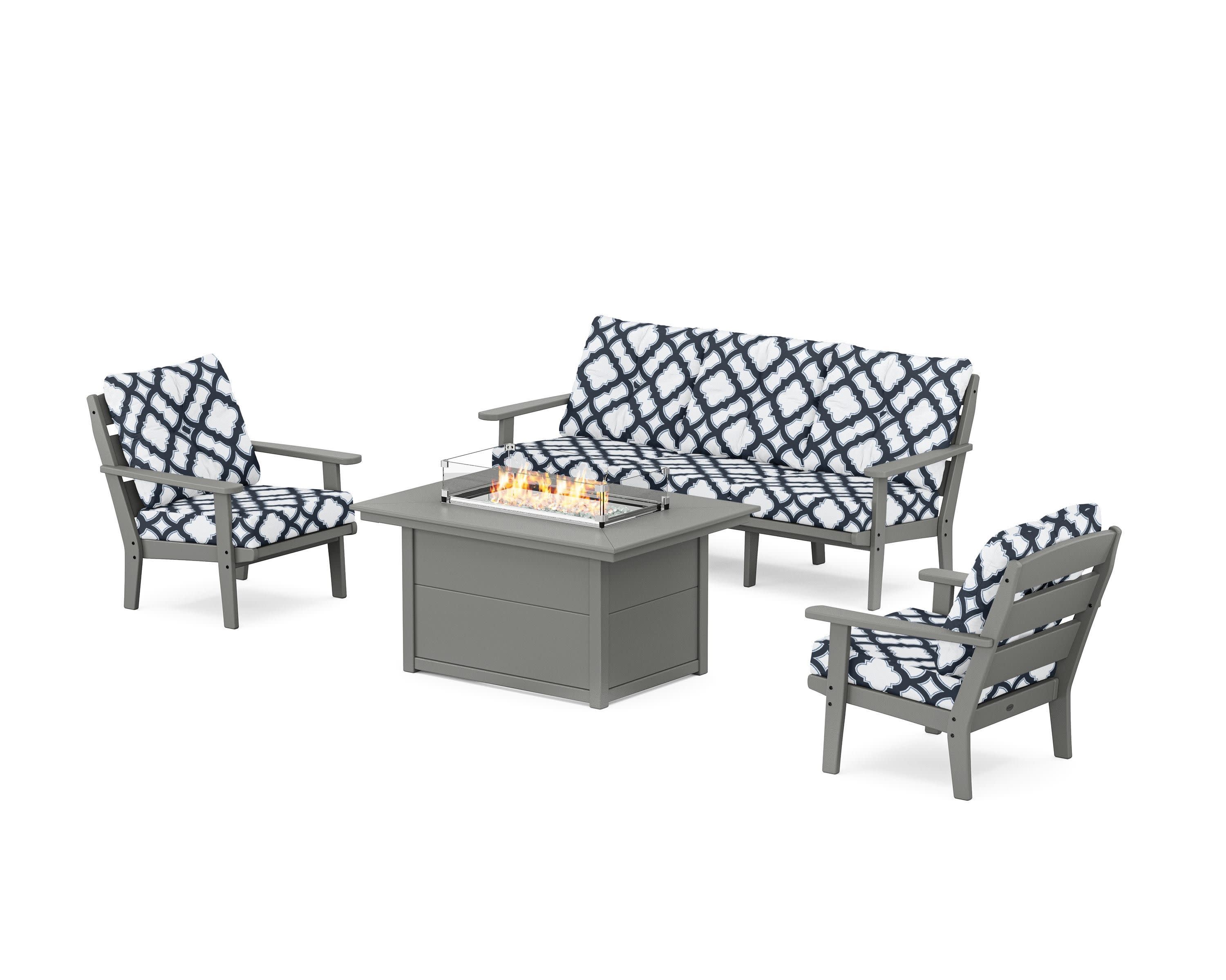 Lakeside Deep Seating Fire Pit Table Set in Slate Grey / Trellis Marine Indigo