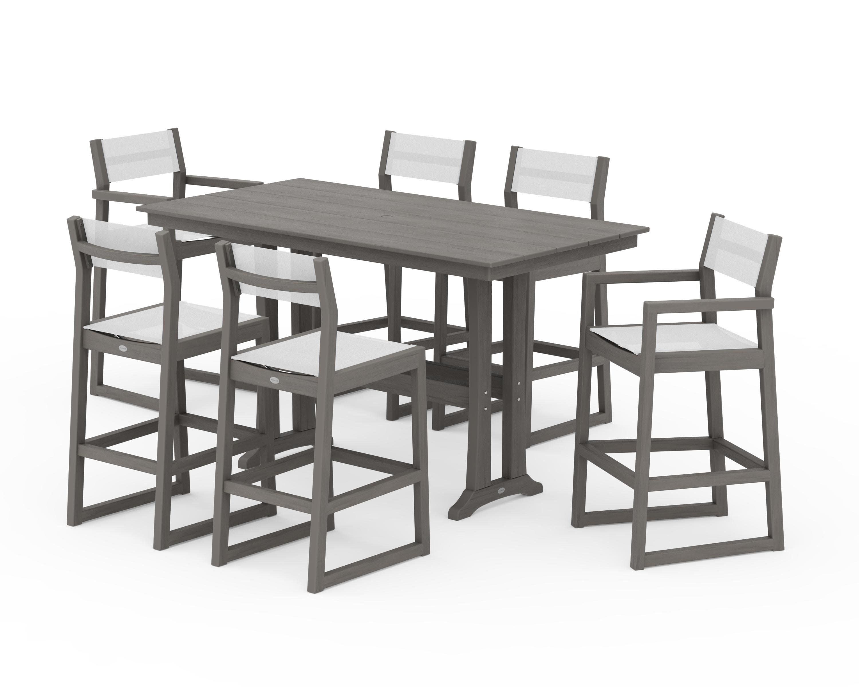 EDGE Sling 7-Piece Farmhouse Bar Set with Trestle Legs in Driftwood / White Sling