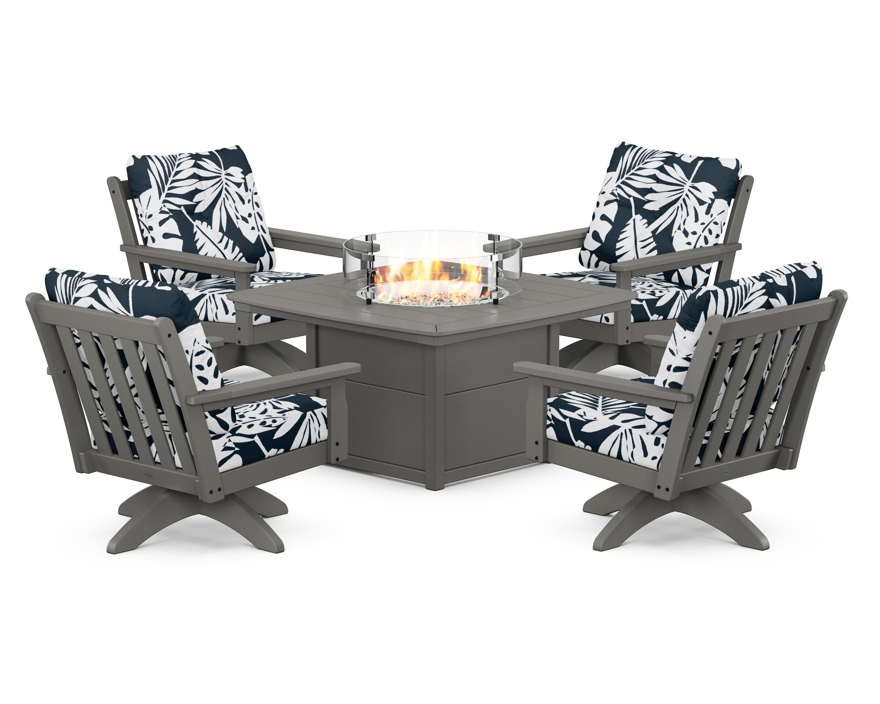 Vineyard 5-Piece Deep Seating Swivel Conversation Set with Fire Pit Table in Slate Grey / Leaf Marine Indigo