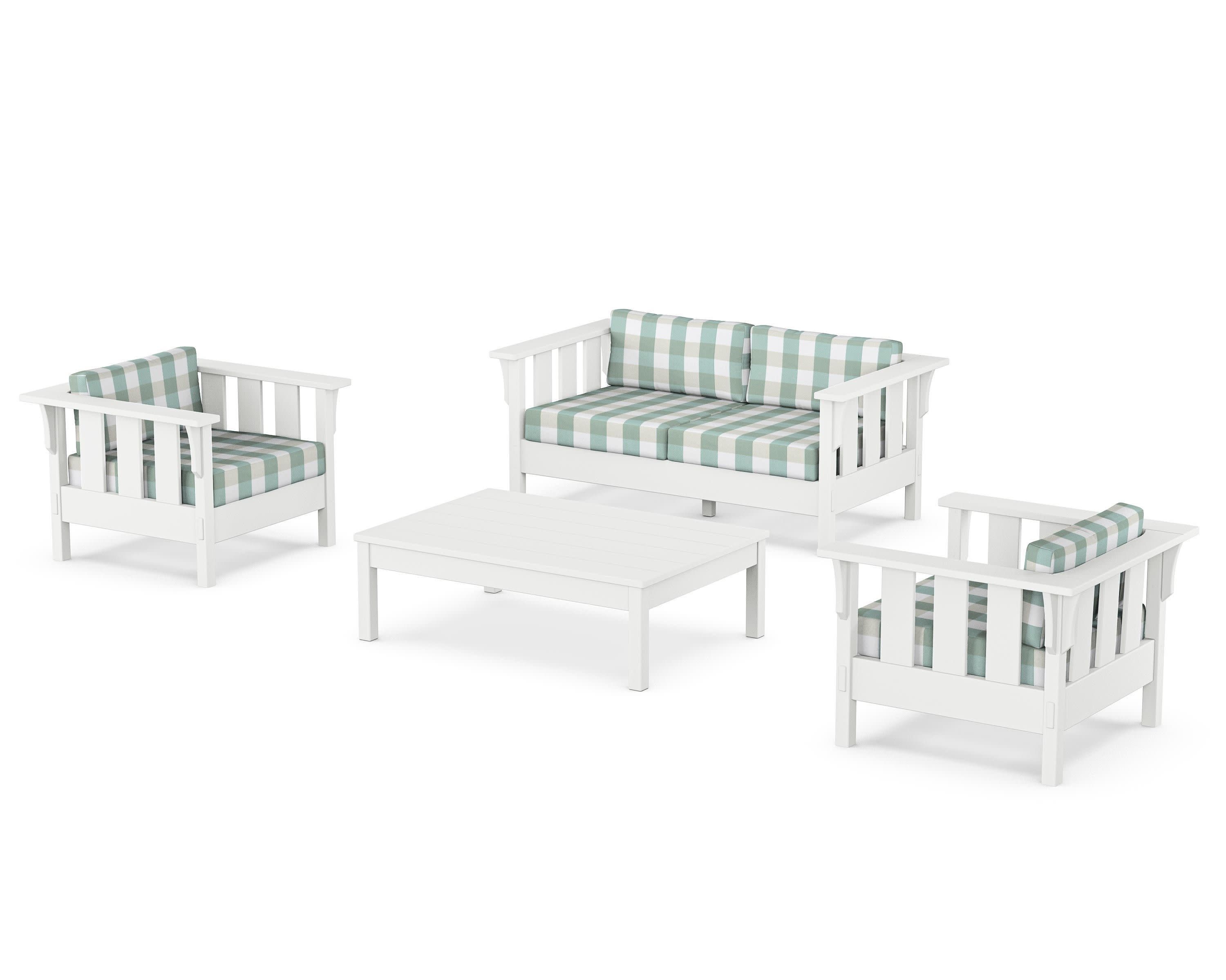 Acadia 4-Piece Deep Seating Set with Loveseat in White / Buffalo Plaid Glacier Spa