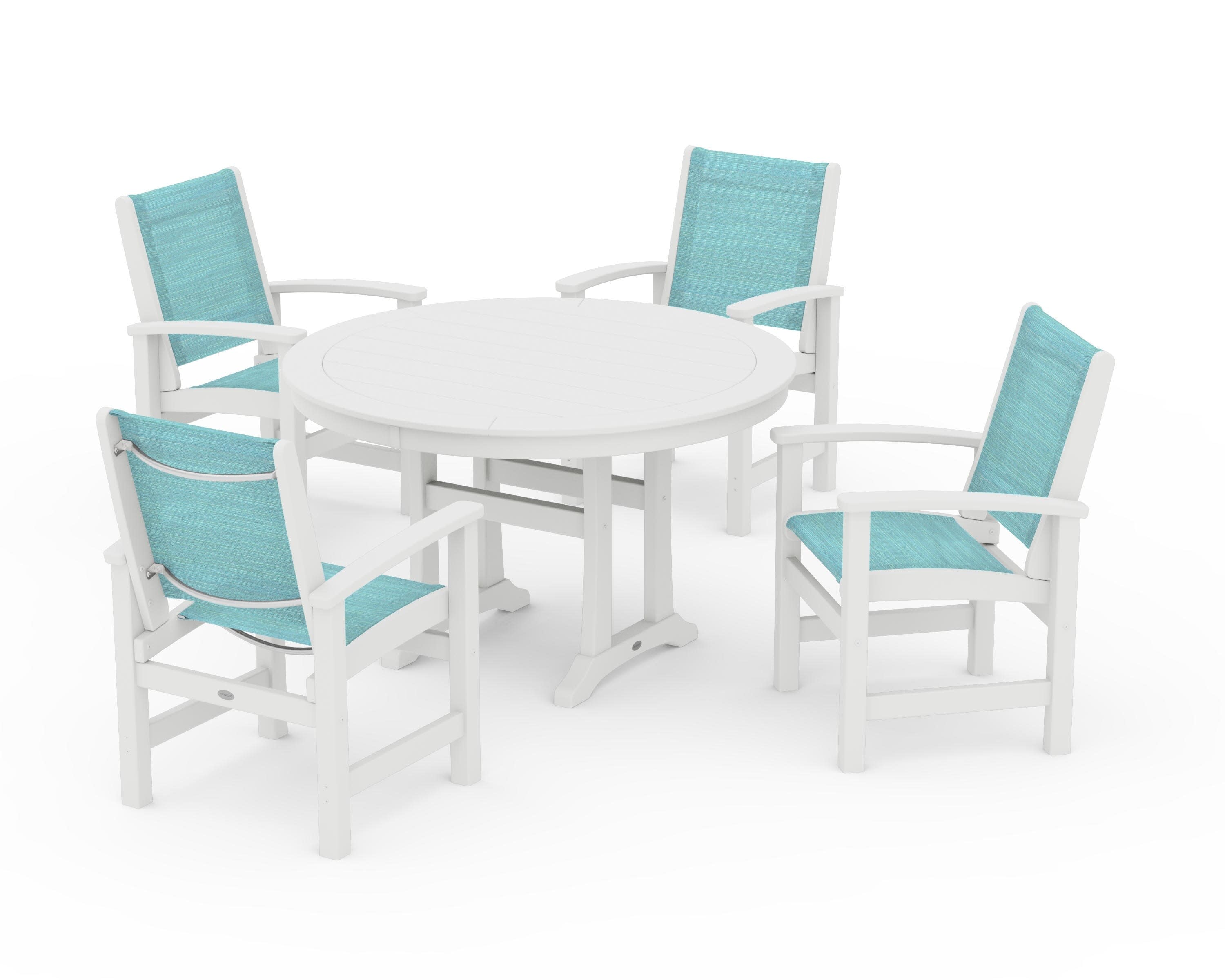 Coastal 5-Piece Round Dining Set with Trestle Legs in White / Dupioni Aquamarine Sling
