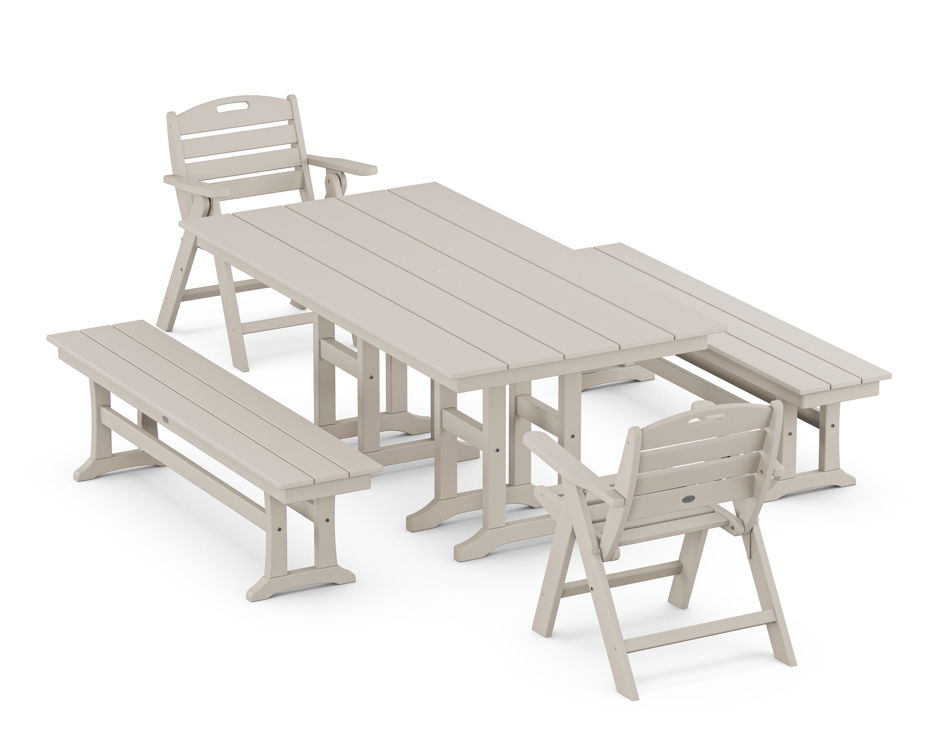 Nautical Lowback 5-Piece Farmhouse Dining Set with Benches in Sand