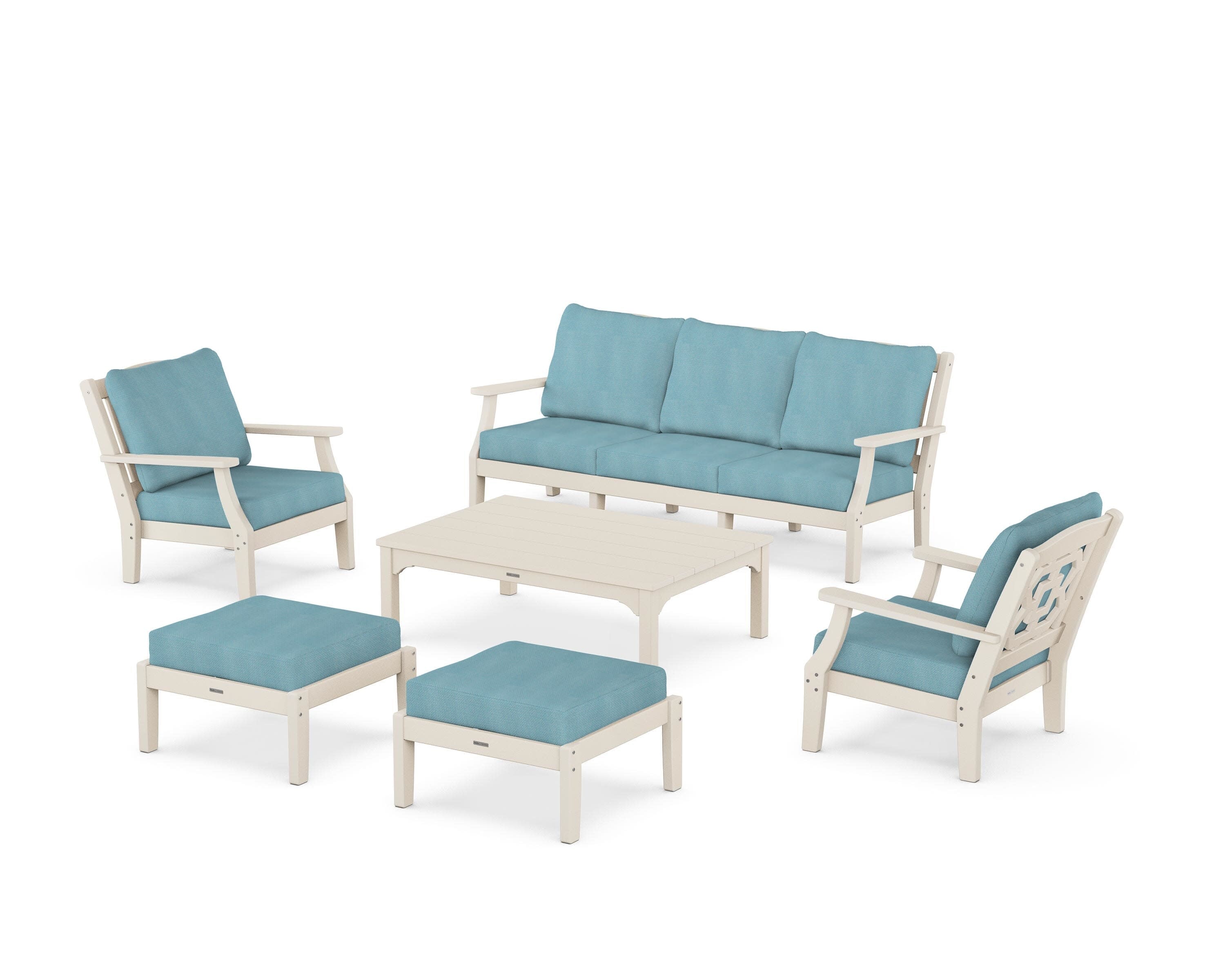 Chinoiserie 6-Piece Lounge Sofa Set in Sand / Lattice Sky Blue