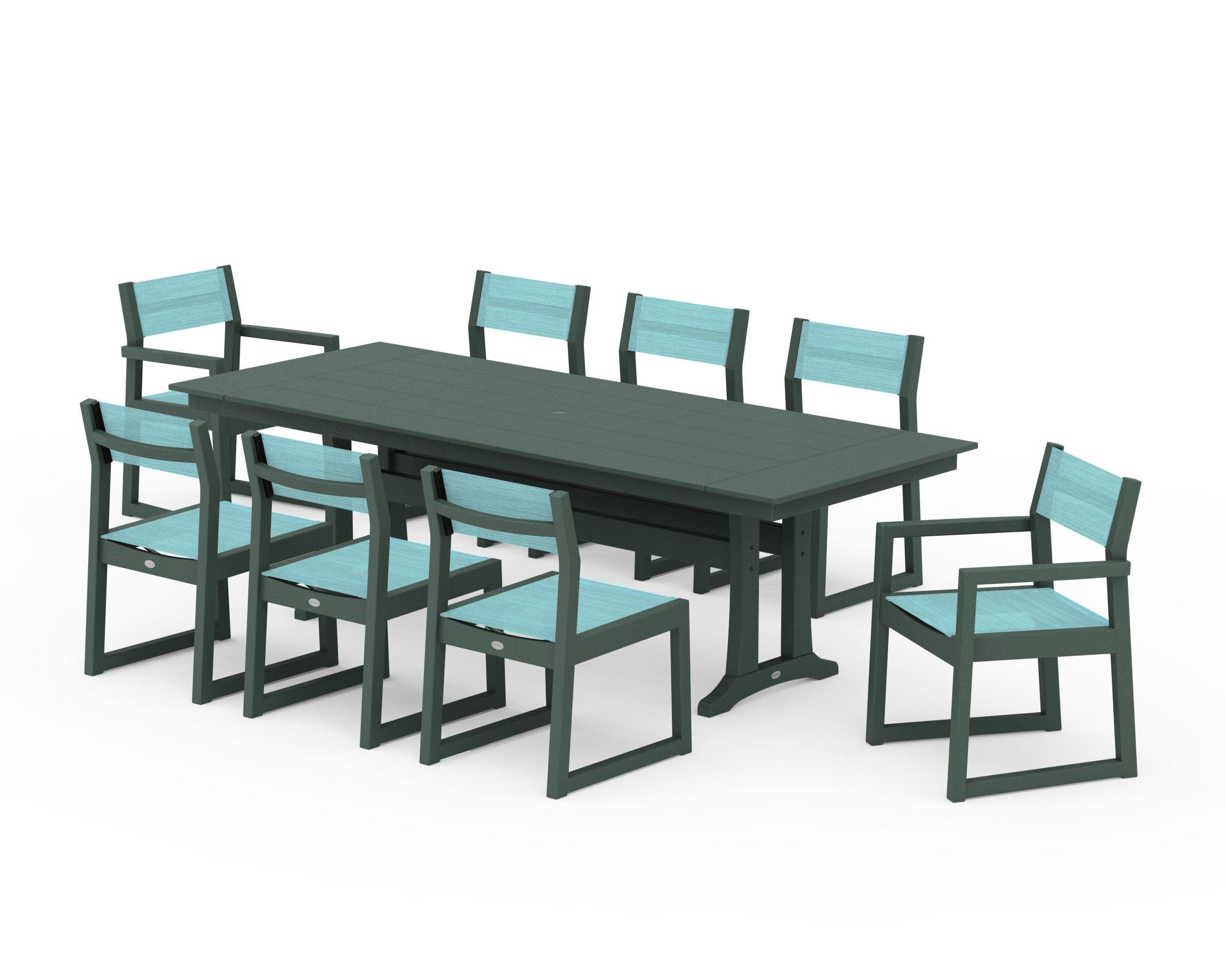 EDGE Sling 9-Piece Farmhouse Trestle Dining Set in Green / Dupioni Aquamarine Sling