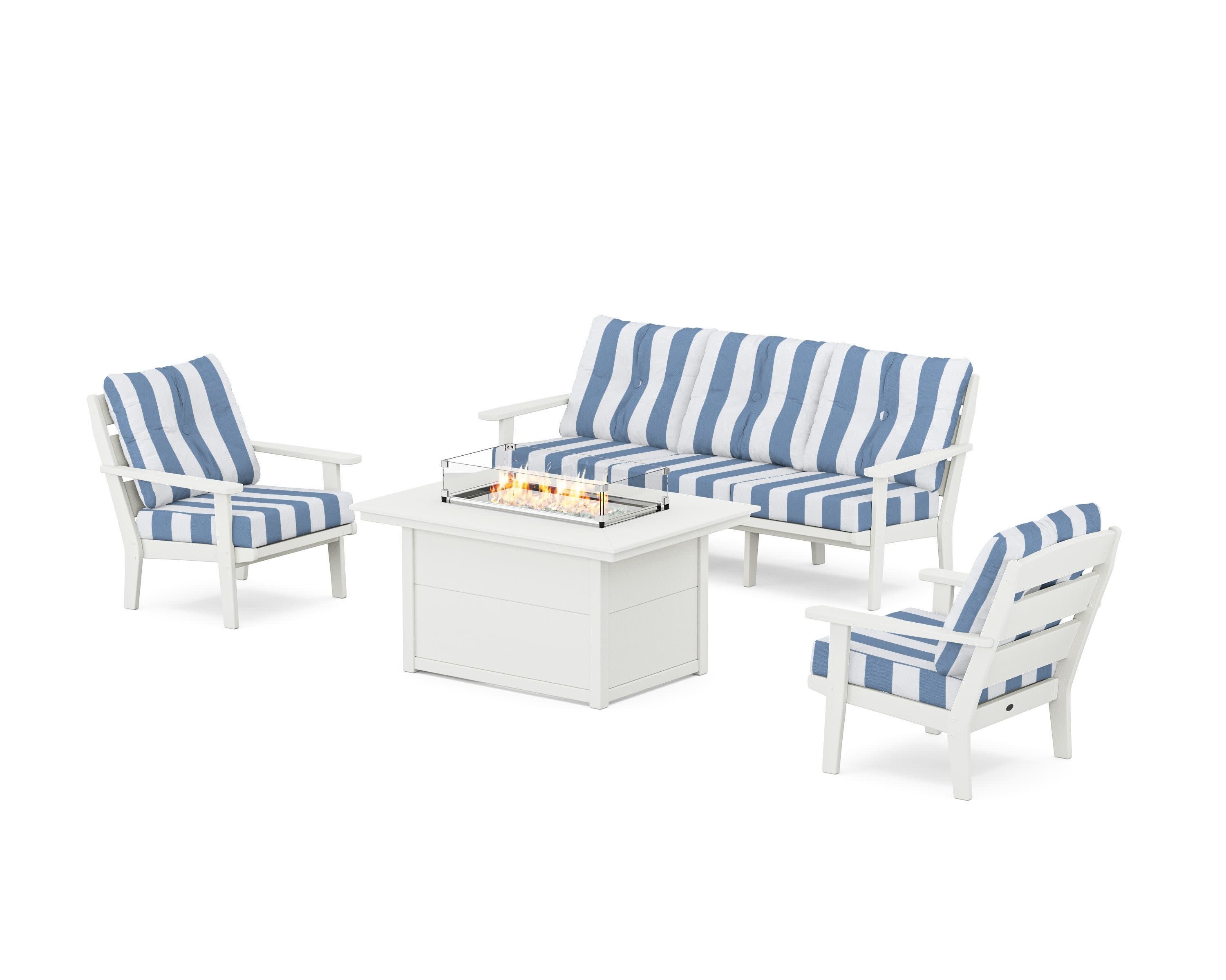 Lakeside Deep Seating Fire Pit Table Set in Vintage White / Cabana Stripe Sky Blue