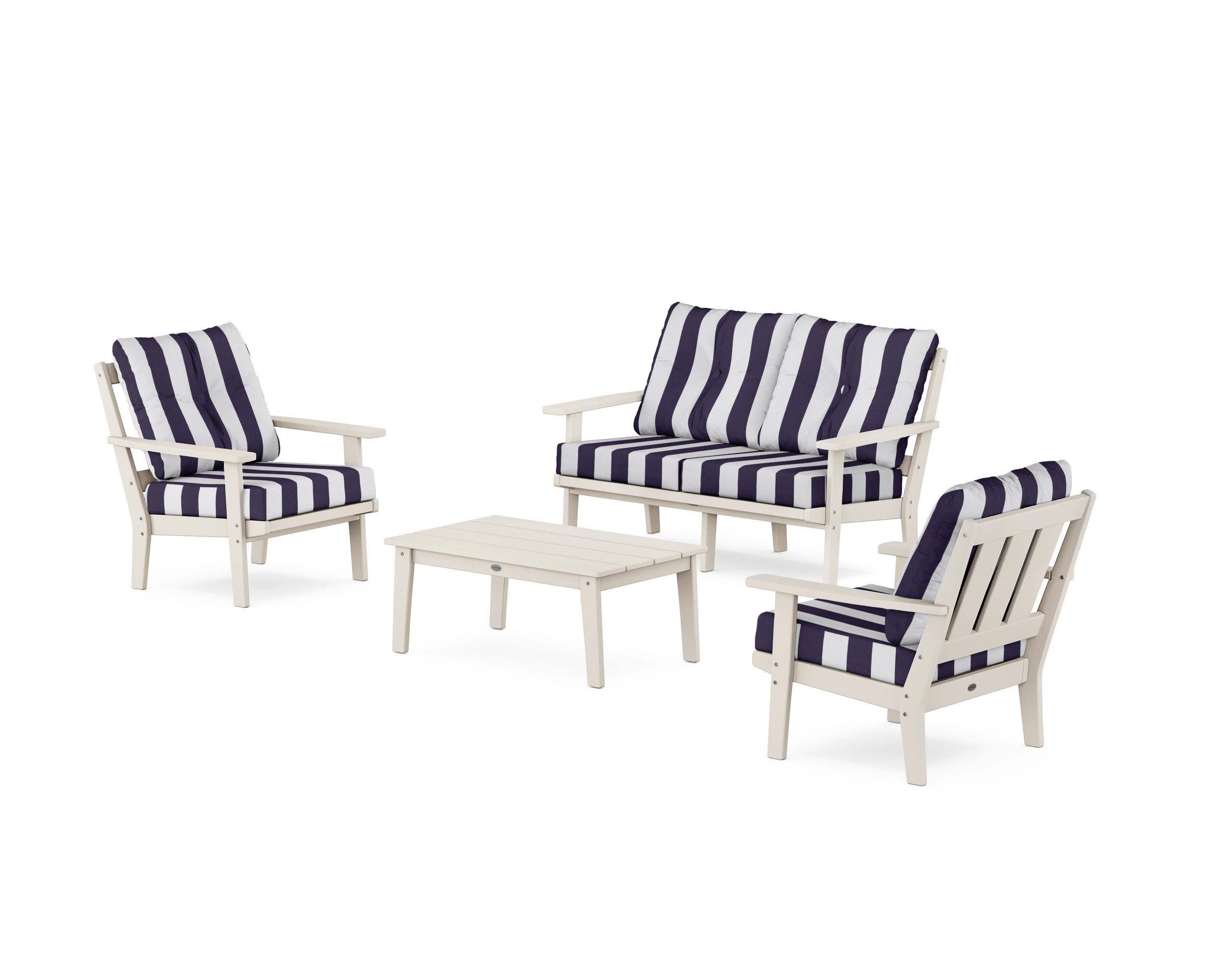 Oxford 4-Piece Deep Seating Set with Loveseat in Sand / Cabana Stripe Navy