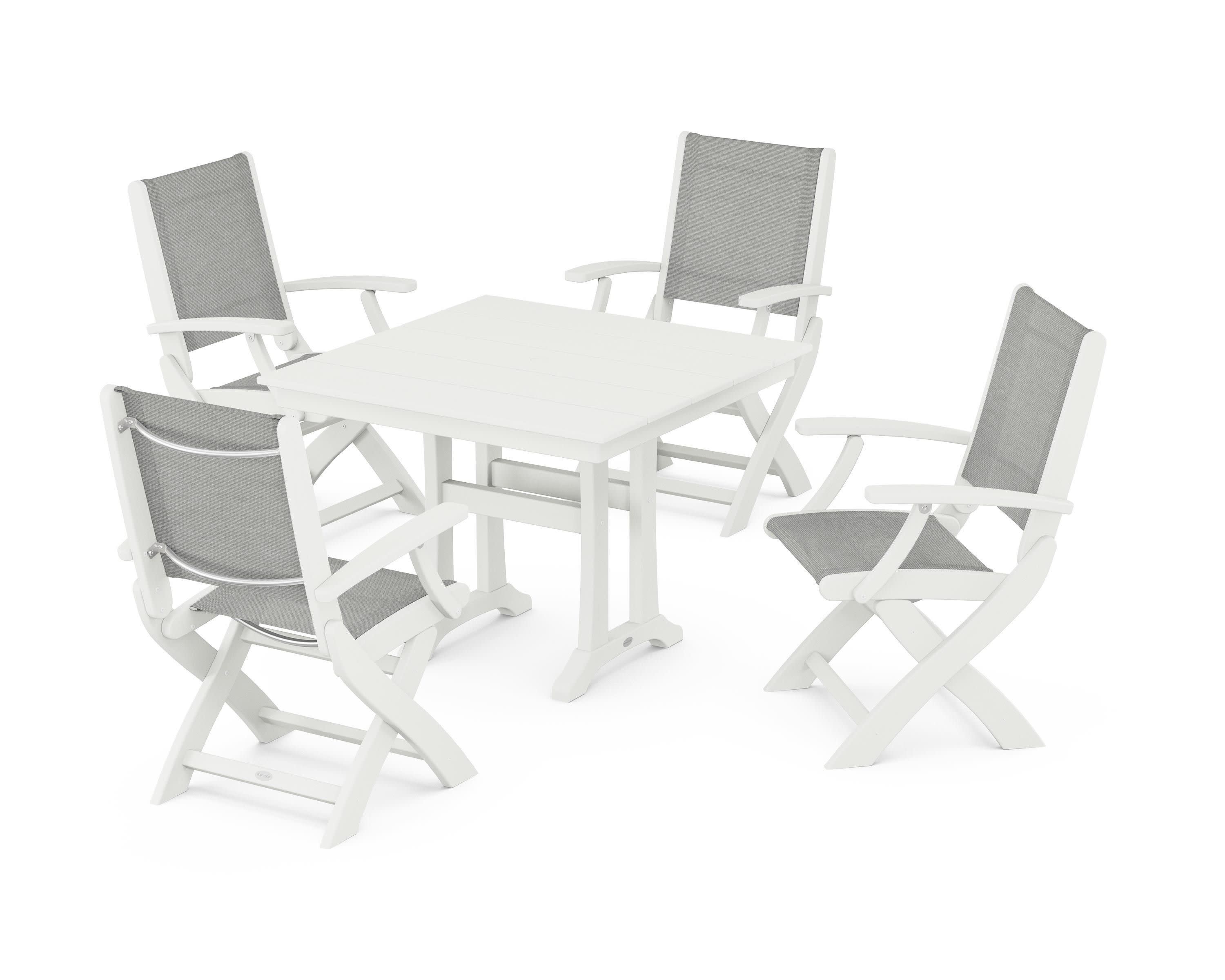 Coastal Folding Chair 5-Piece Farmhouse Dining Set With Trestle Legs in Vintage White / Metallic Sling