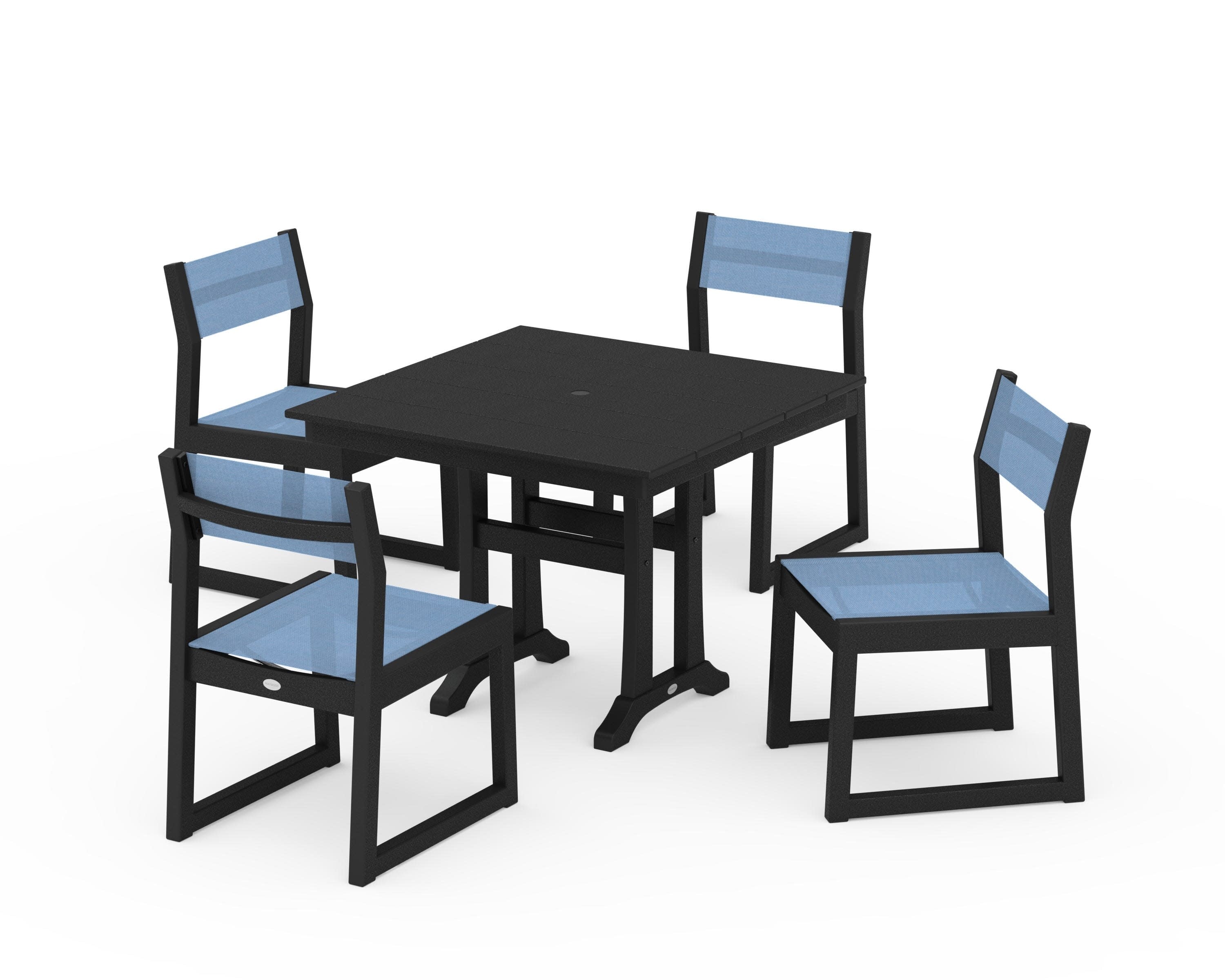 EDGE Sling 5-Piece Farmhouse Trestle Side Chair Dining Set in Black / Poolside Sling