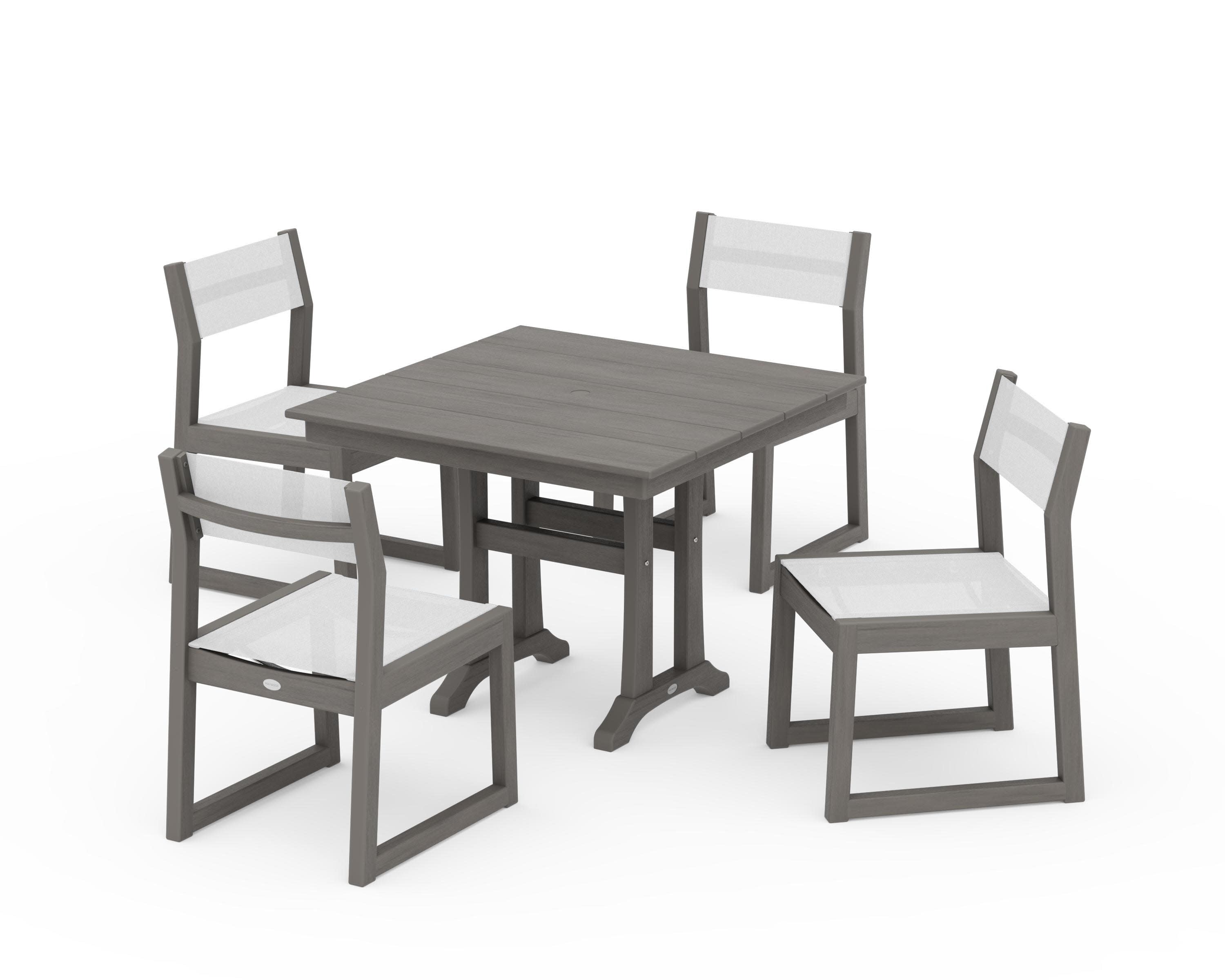 EDGE Sling 5-Piece Farmhouse Trestle Side Chair Dining Set in Driftwood / White Sling