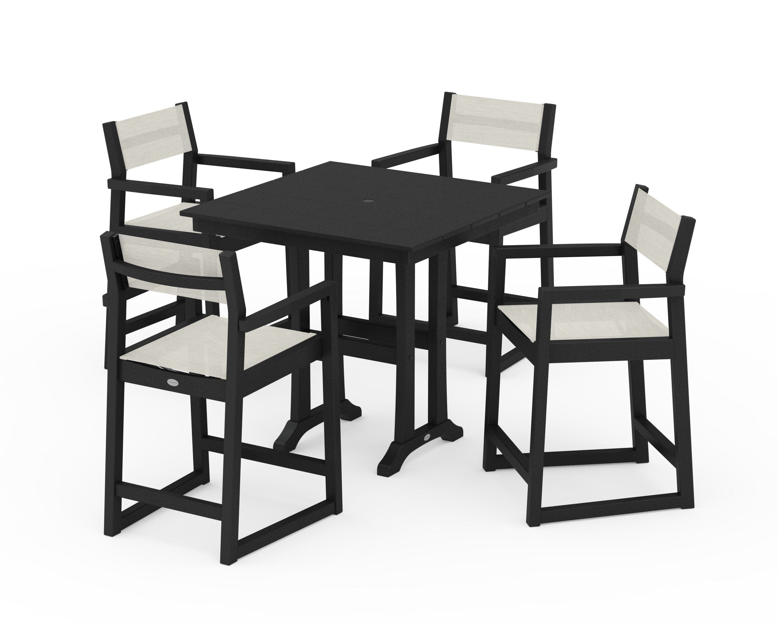 EDGE Sling Arm Chair 5-Piece Farmhouse Counter Set with Trestle Legs in Black / Parchment Sling