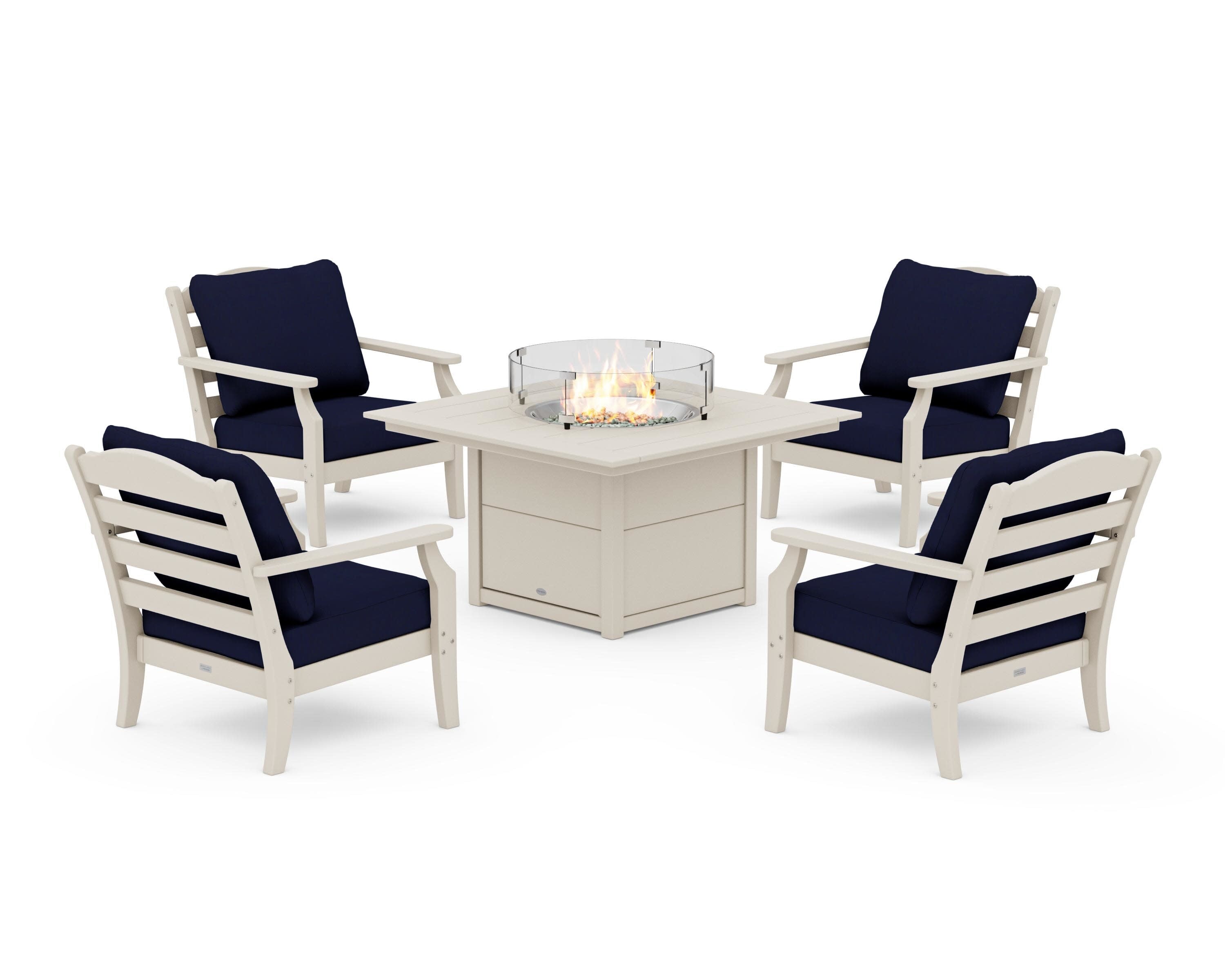 Savannah 5-Piece Deep Seating Set with Fire Pit Table in Sand / Navy
