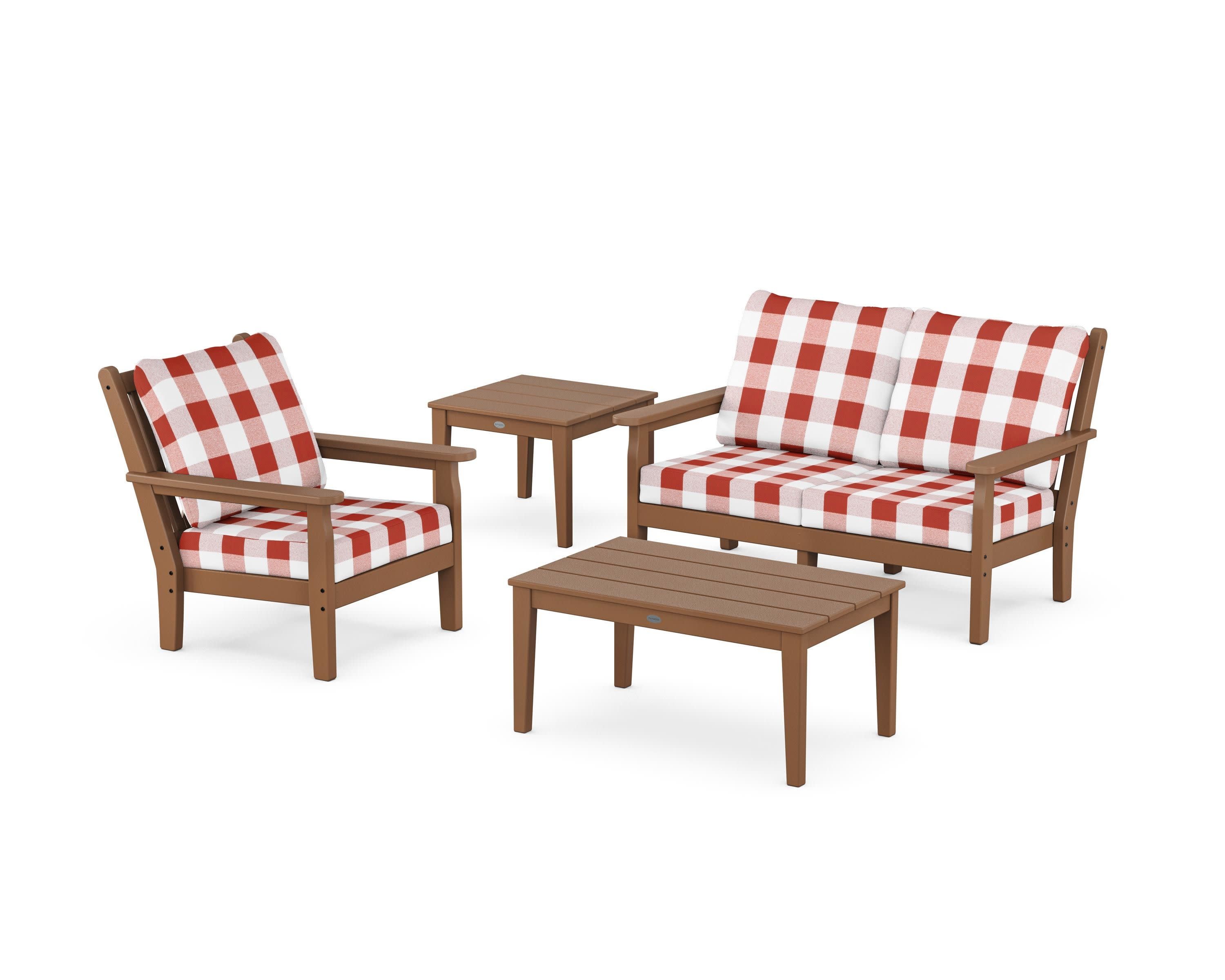 Chippendale 4-Piece Deep Seating Set in Teak / Buffalo Plaid Crimson