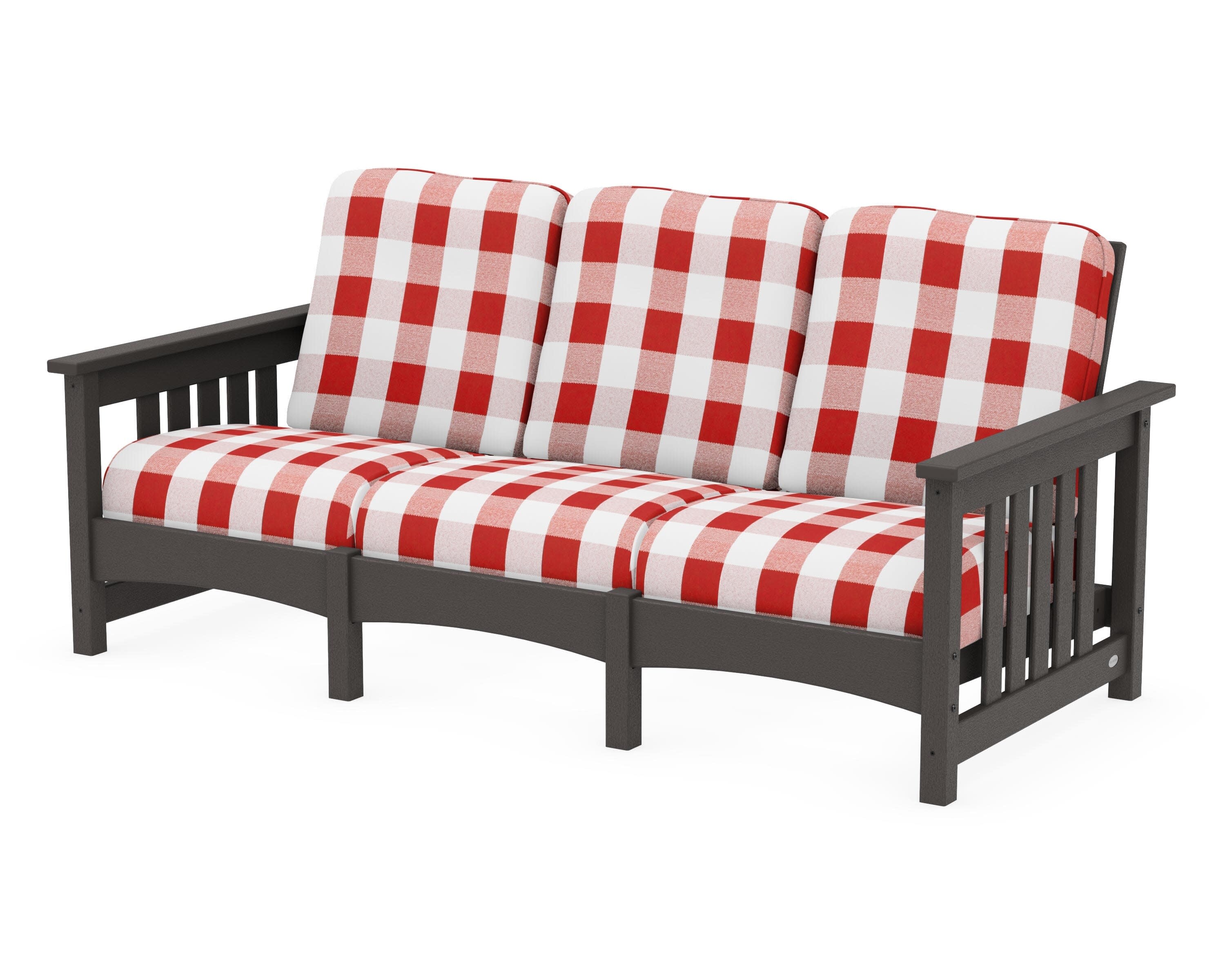 Club Mission Sofa in Vintage Coffee / Buffalo Plaid Crimson