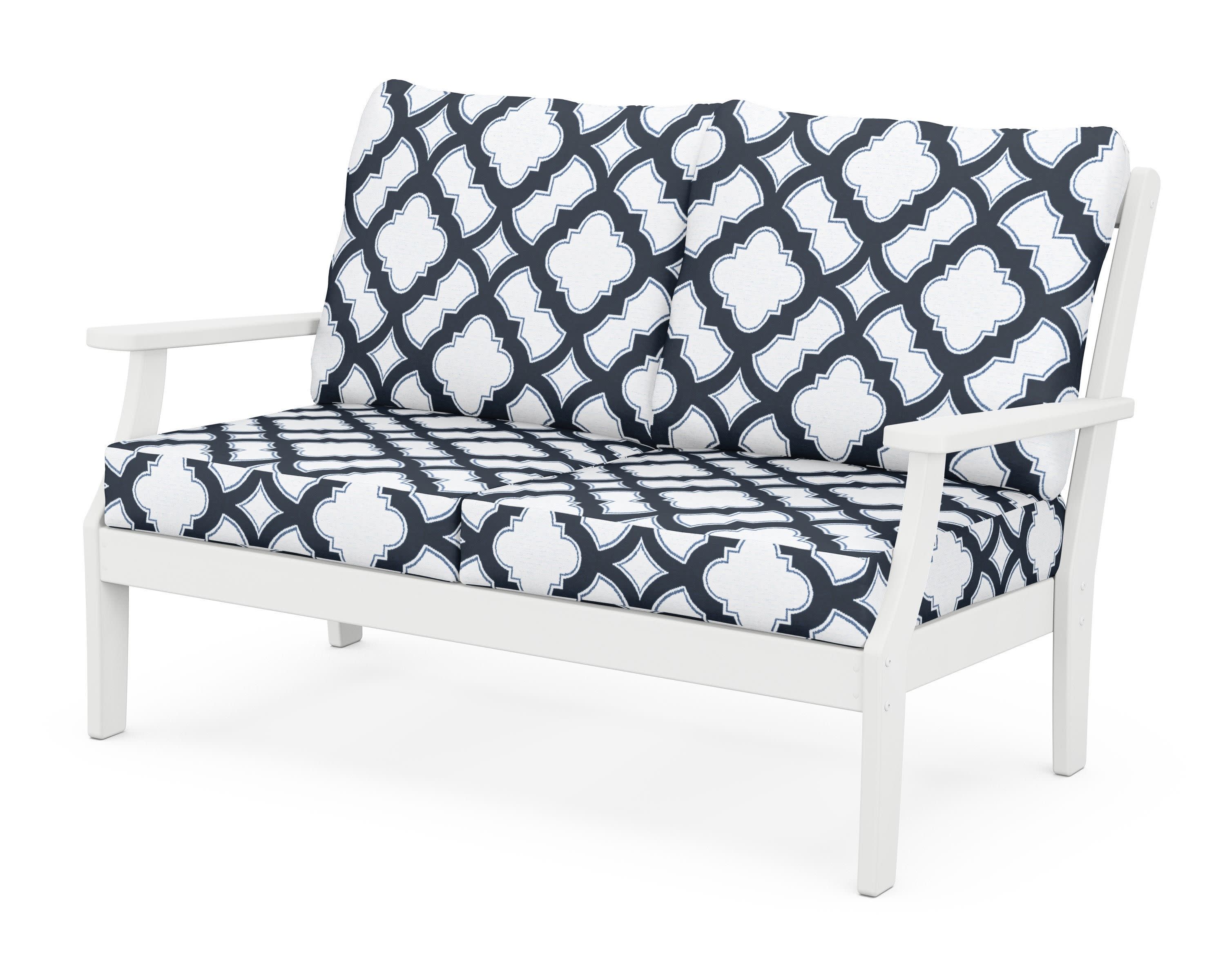 Braxton Deep Seating Loveseat in White / Trellis Marine Indigo