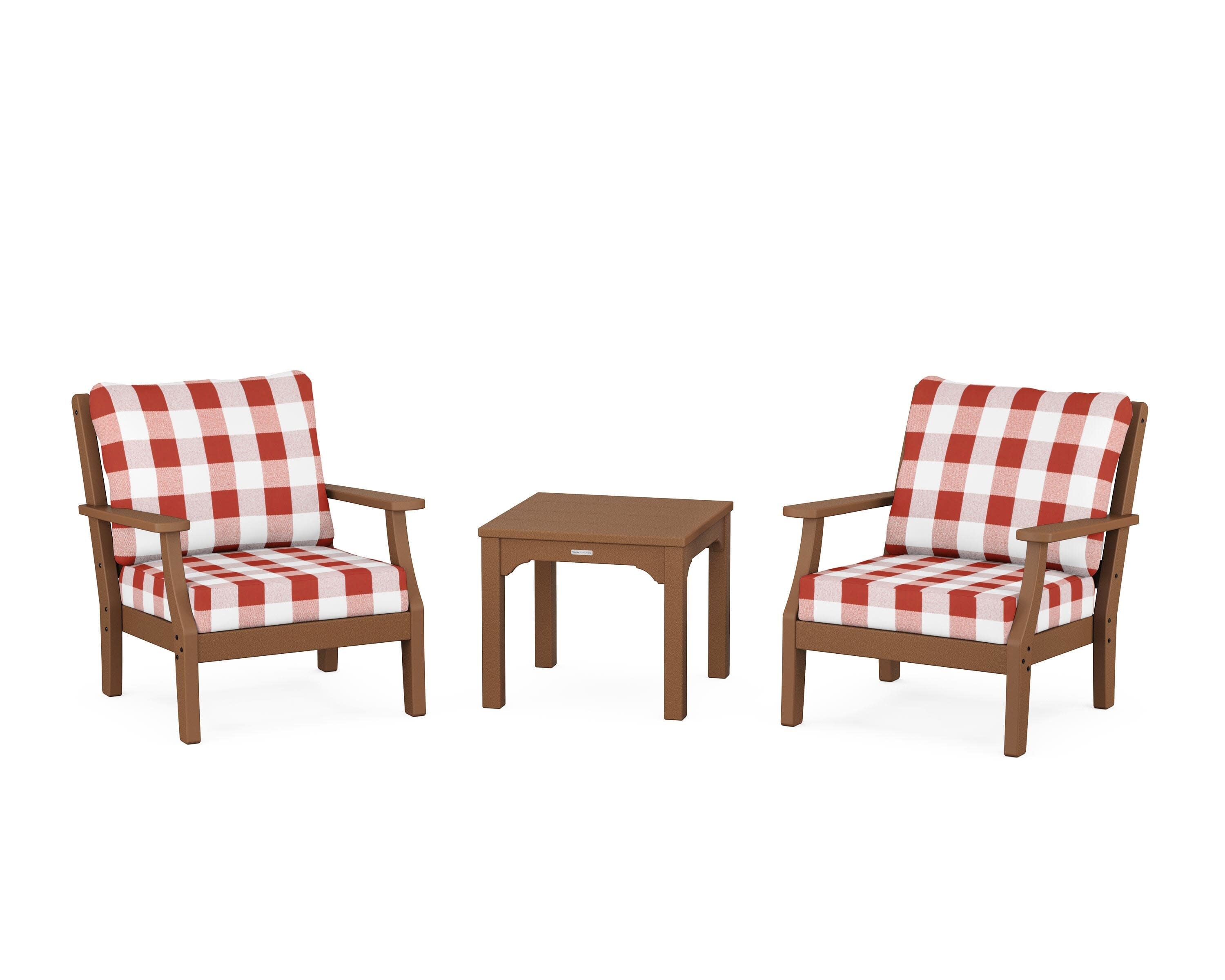 Chinoiserie 3-Piece Deep Seating Set in Teak / Buffalo Plaid Crimson